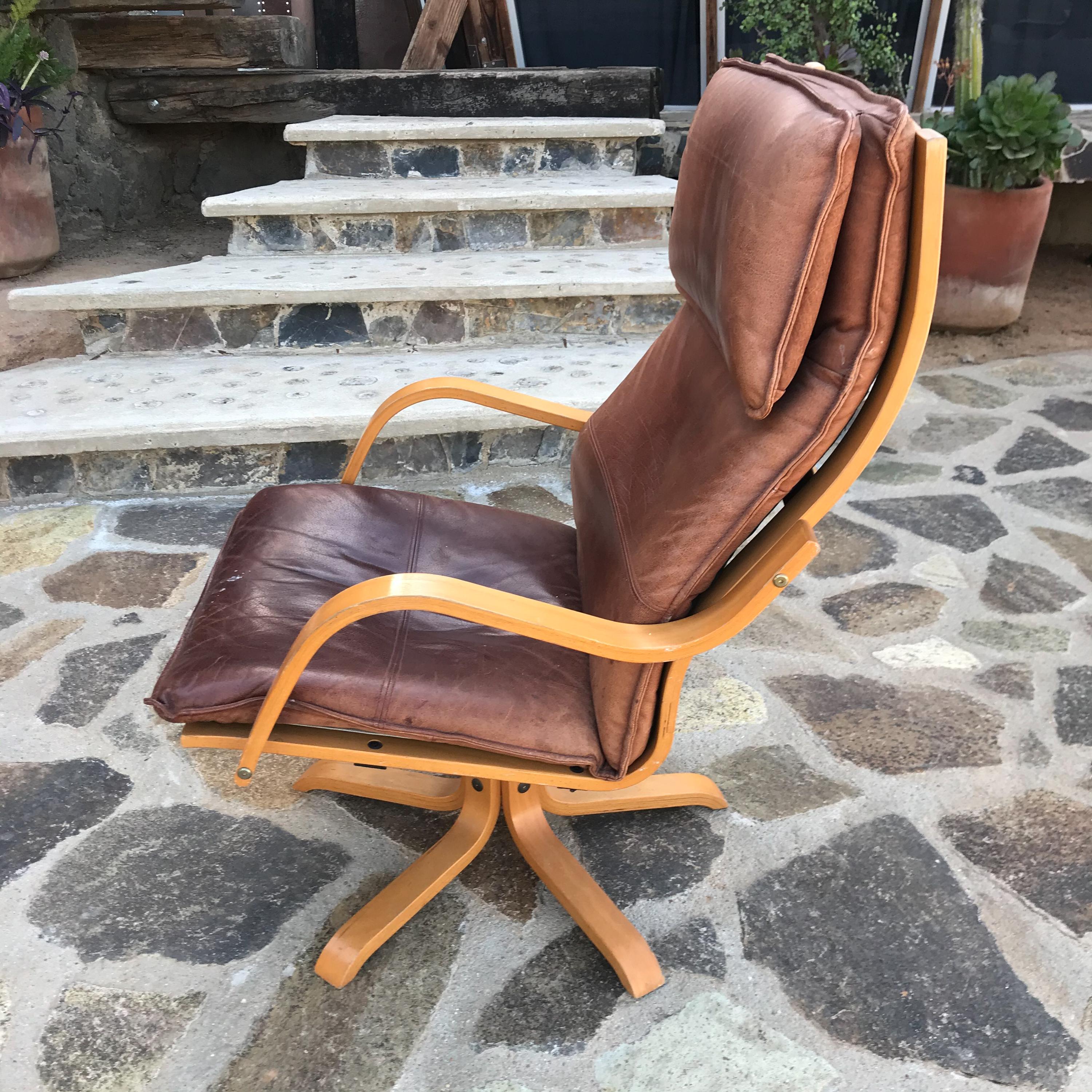Mid-Century Modern Italian Swiss Tall Lounge Chairs Aged Leather Blonde Wood Star Base 1960s Modern