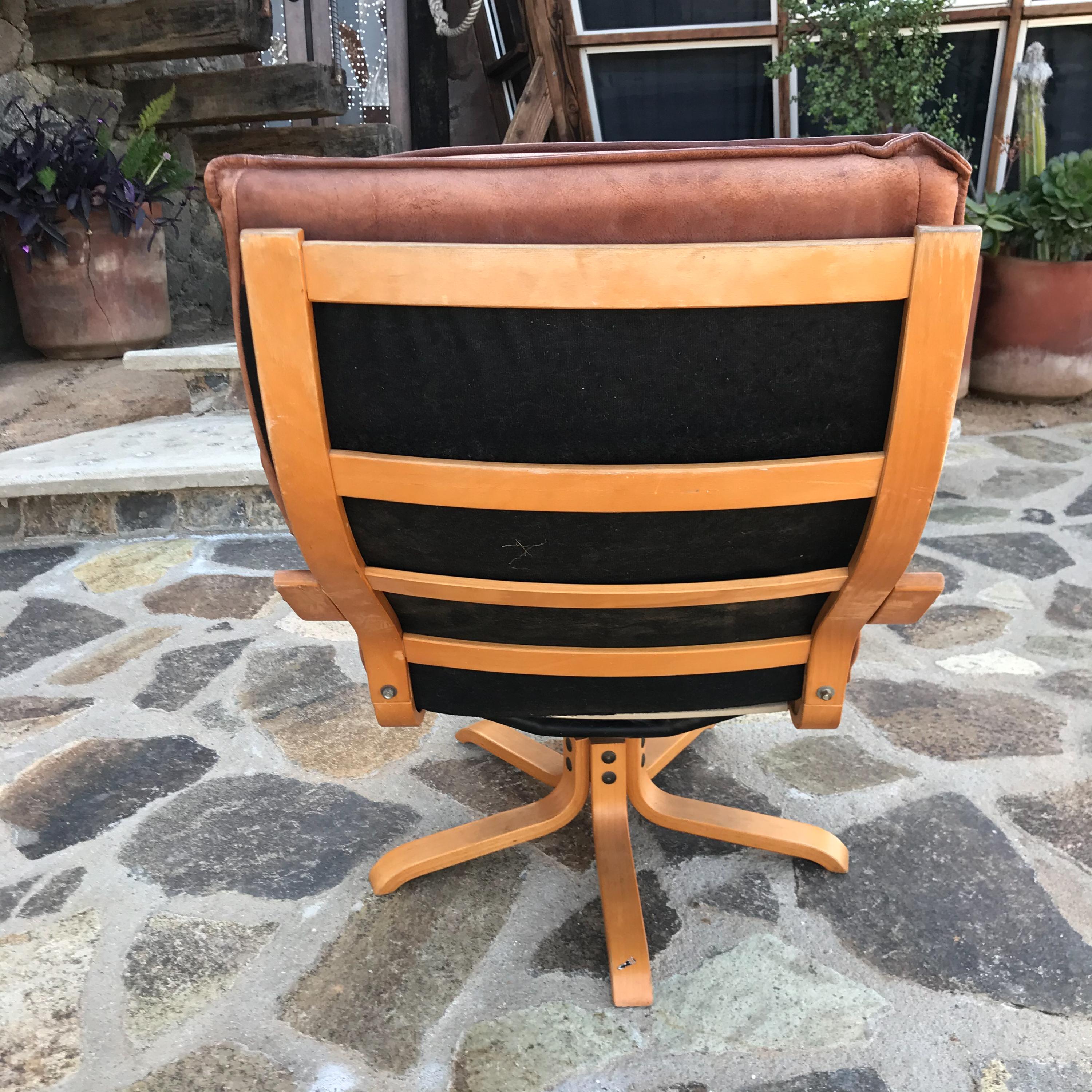 Italian Swiss Tall Lounge Chairs Aged Leather Blonde Wood Star Base 1960s Modern 4