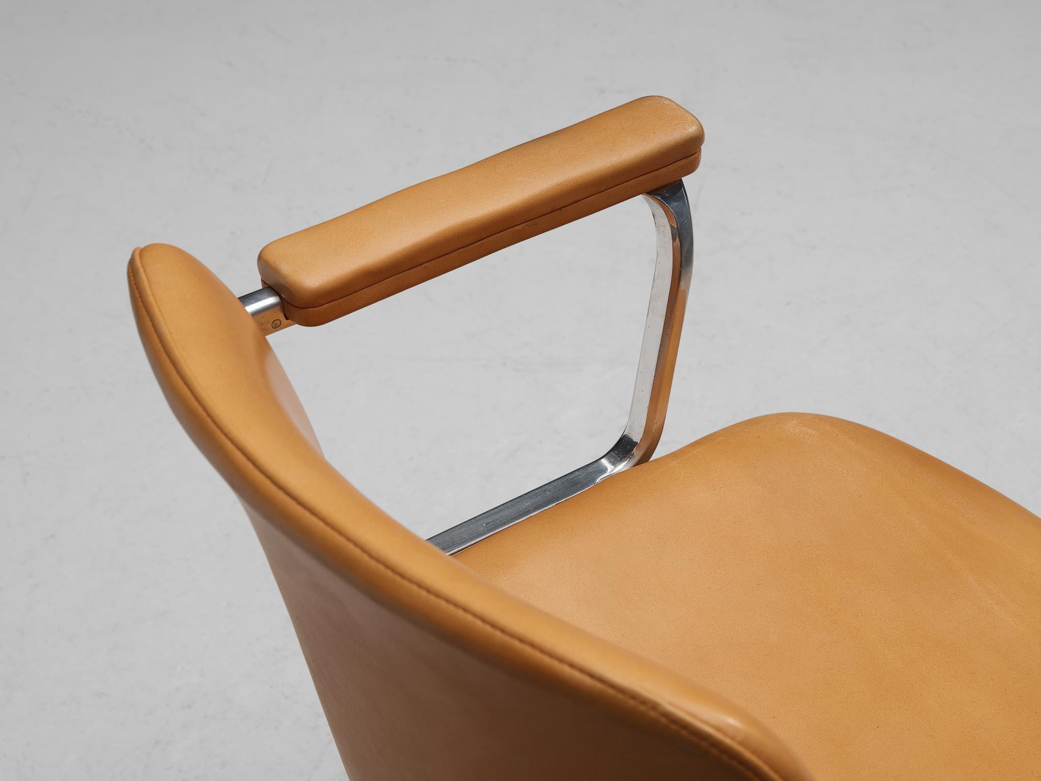 Mid-Century Modern Italian Swivel Desk Chair in Metal and Camel Leather