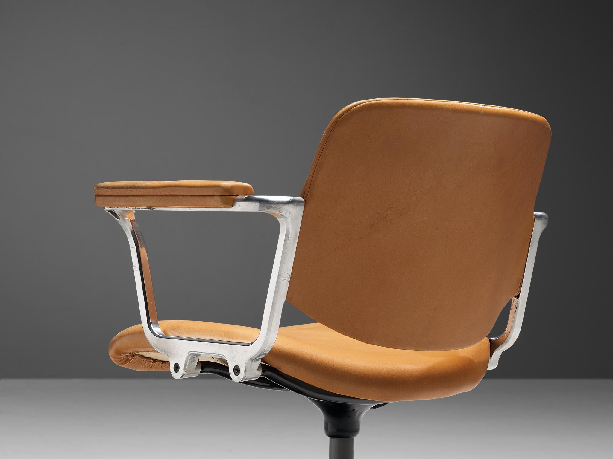 Mid-20th Century Italian Swivel Desk Chair in Metal and Camel Leather