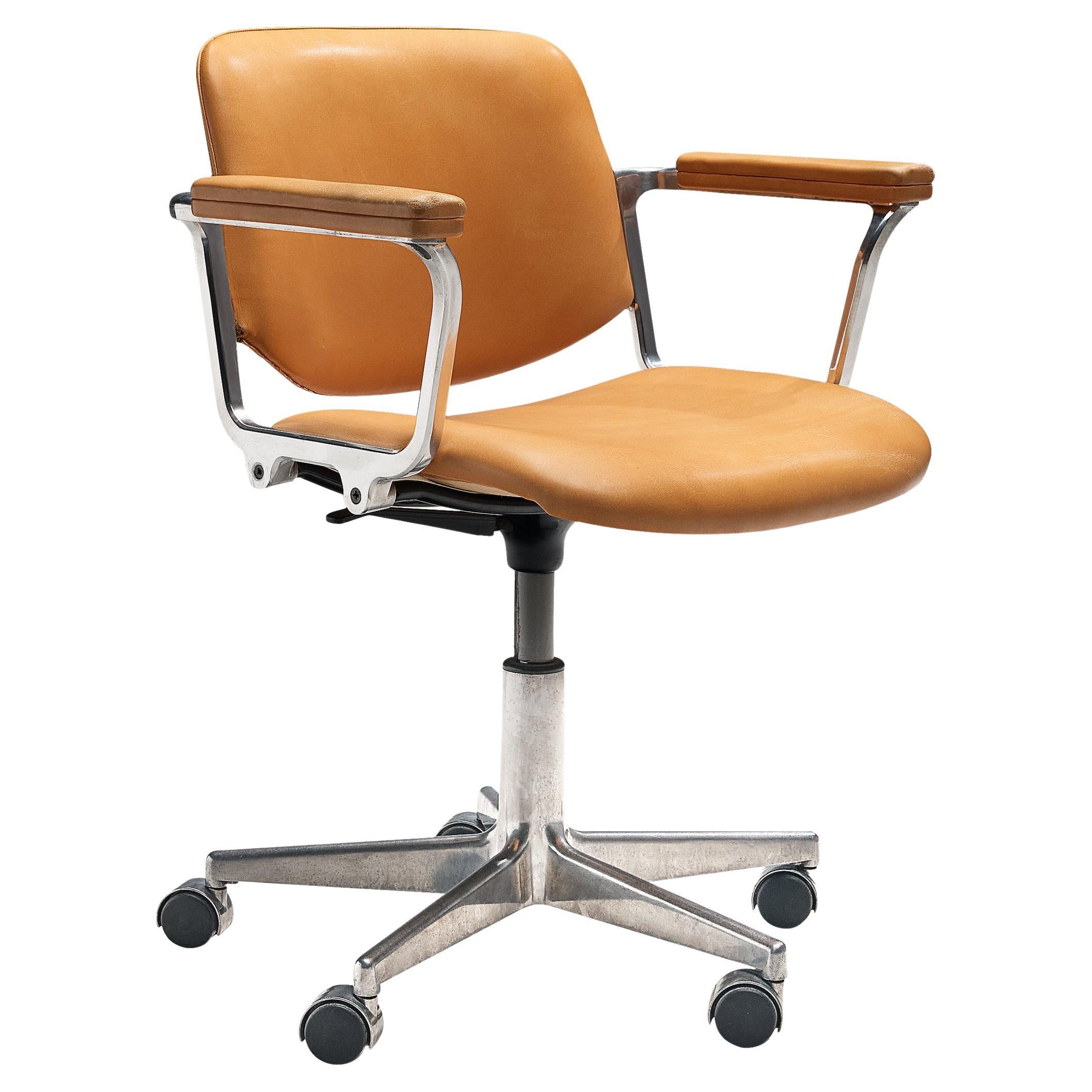 Italian Swivel Desk Chair in Metal and Camel Leather