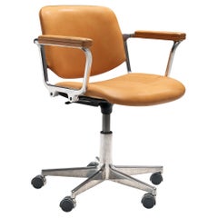 Italian Swivel Desk Chair in Metal and Camel Leather 