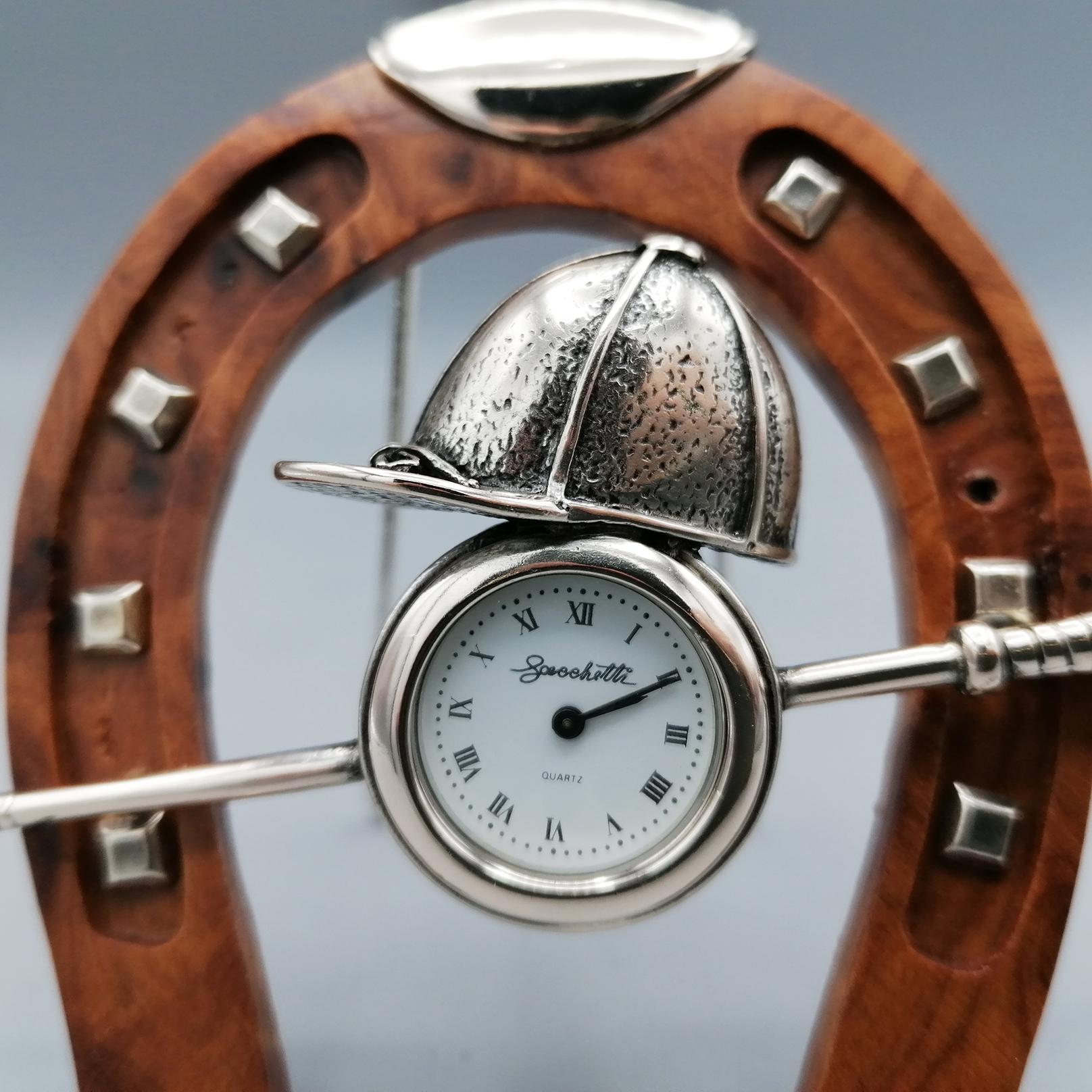 Other Italian Table Clock in 800 Silver and Wood Depicting Polo Game Equipment For Sale