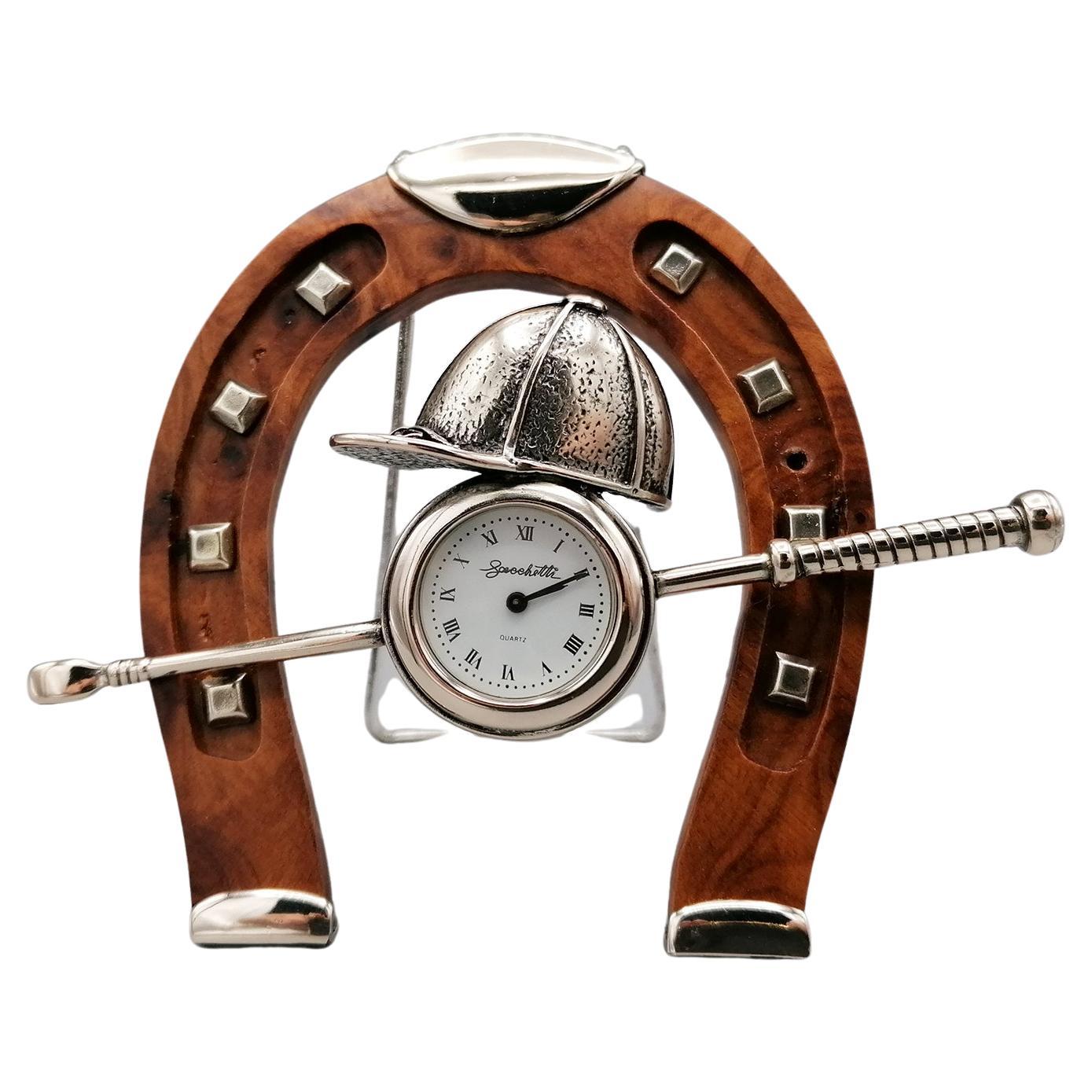 Italian Table Clock in 800 Silver and Wood Depicting Polo Game Equipment