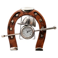 Italian Table Clock in 800 Silver and Wood Depicting Polo Game Equipment