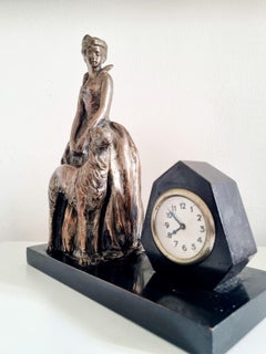 Italian Table Clock with Copper Plated Sculpture Lady with a Greyhound, 1910
