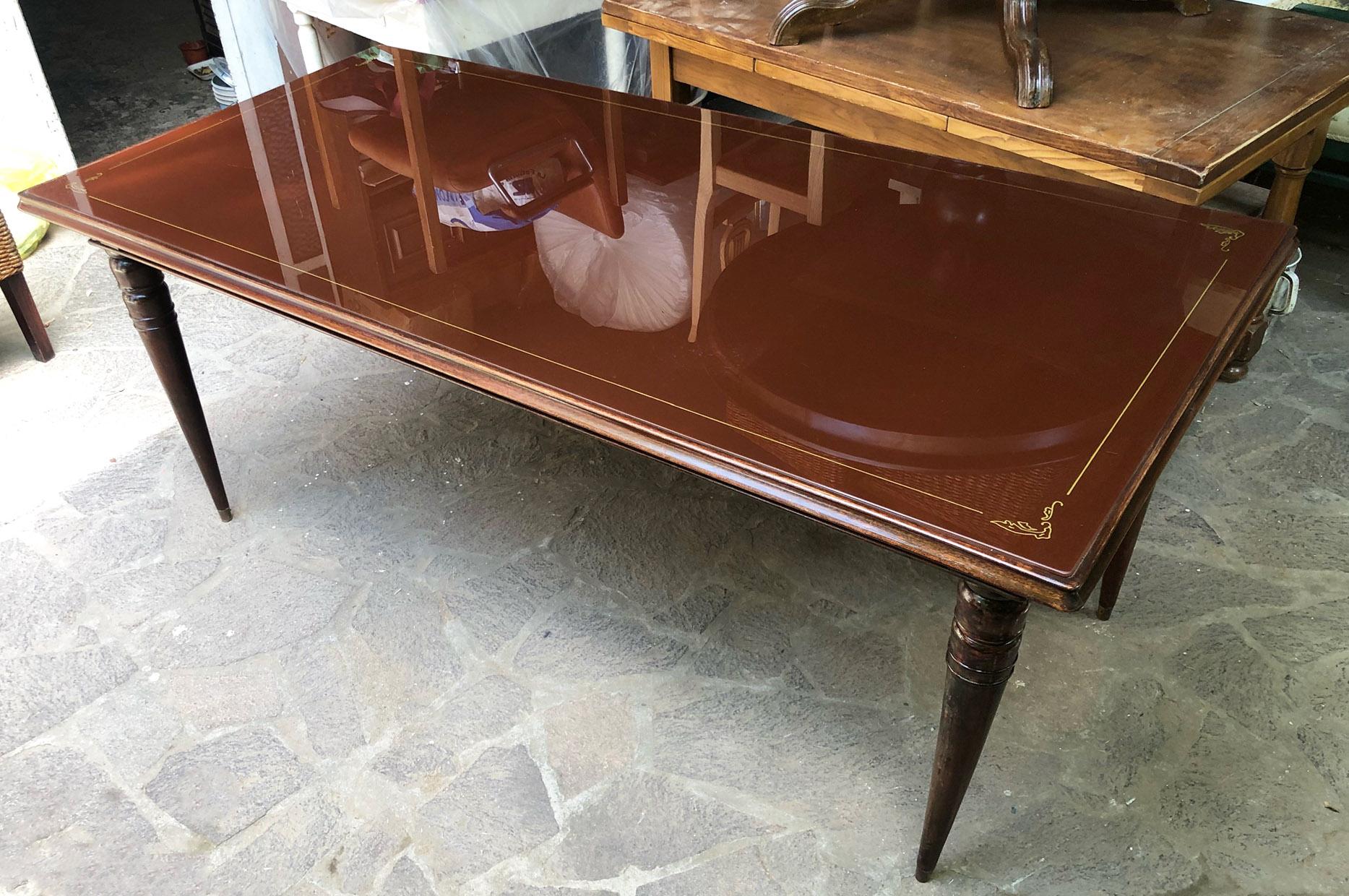 Mid-20th Century Italian Table from 1960, Original in Walnut, with Turned Leg, Brown Glass Top For Sale