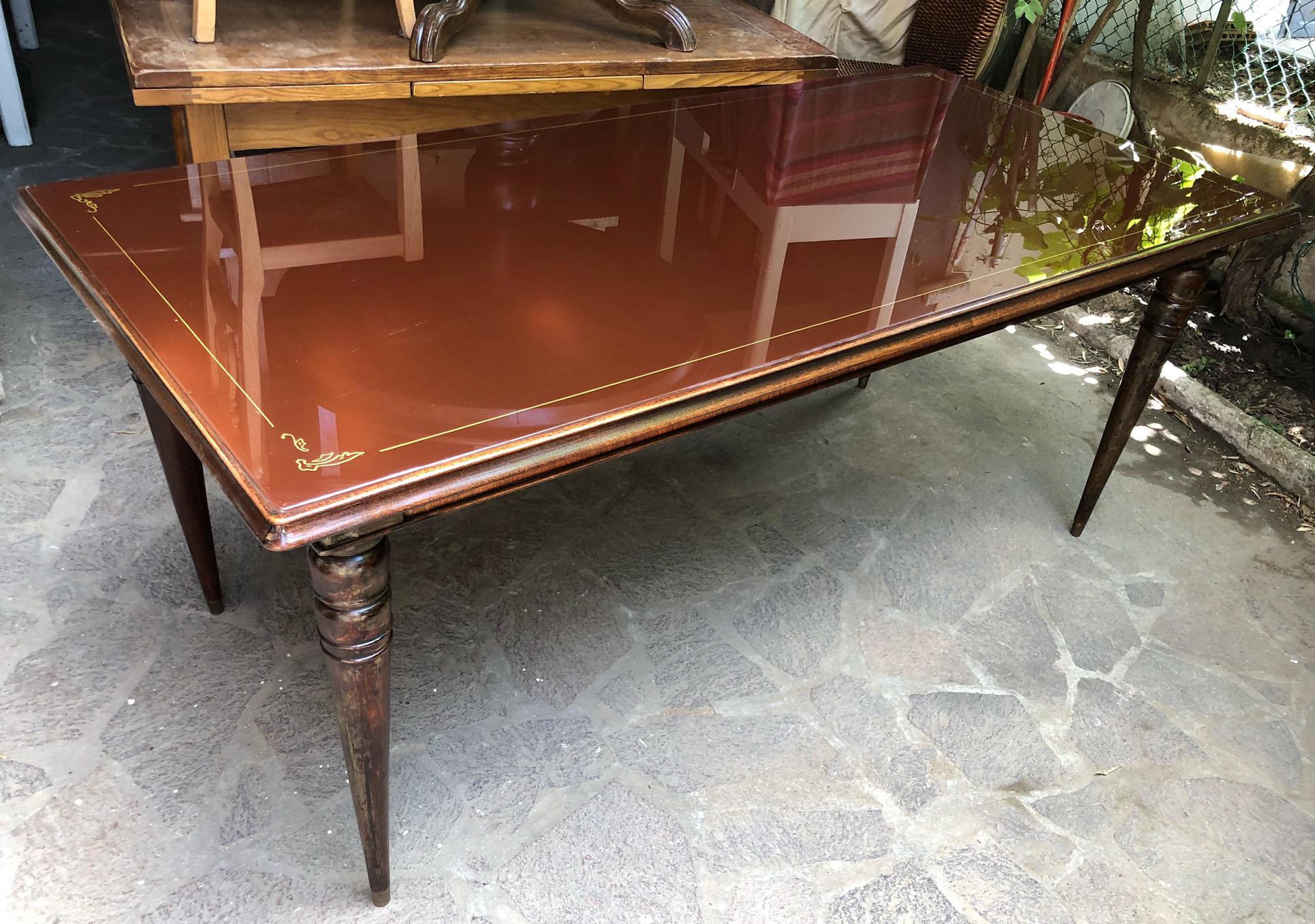 Italian Table from 1960, Original in Walnut, with Turned Leg, Brown Glass Top For Sale 2