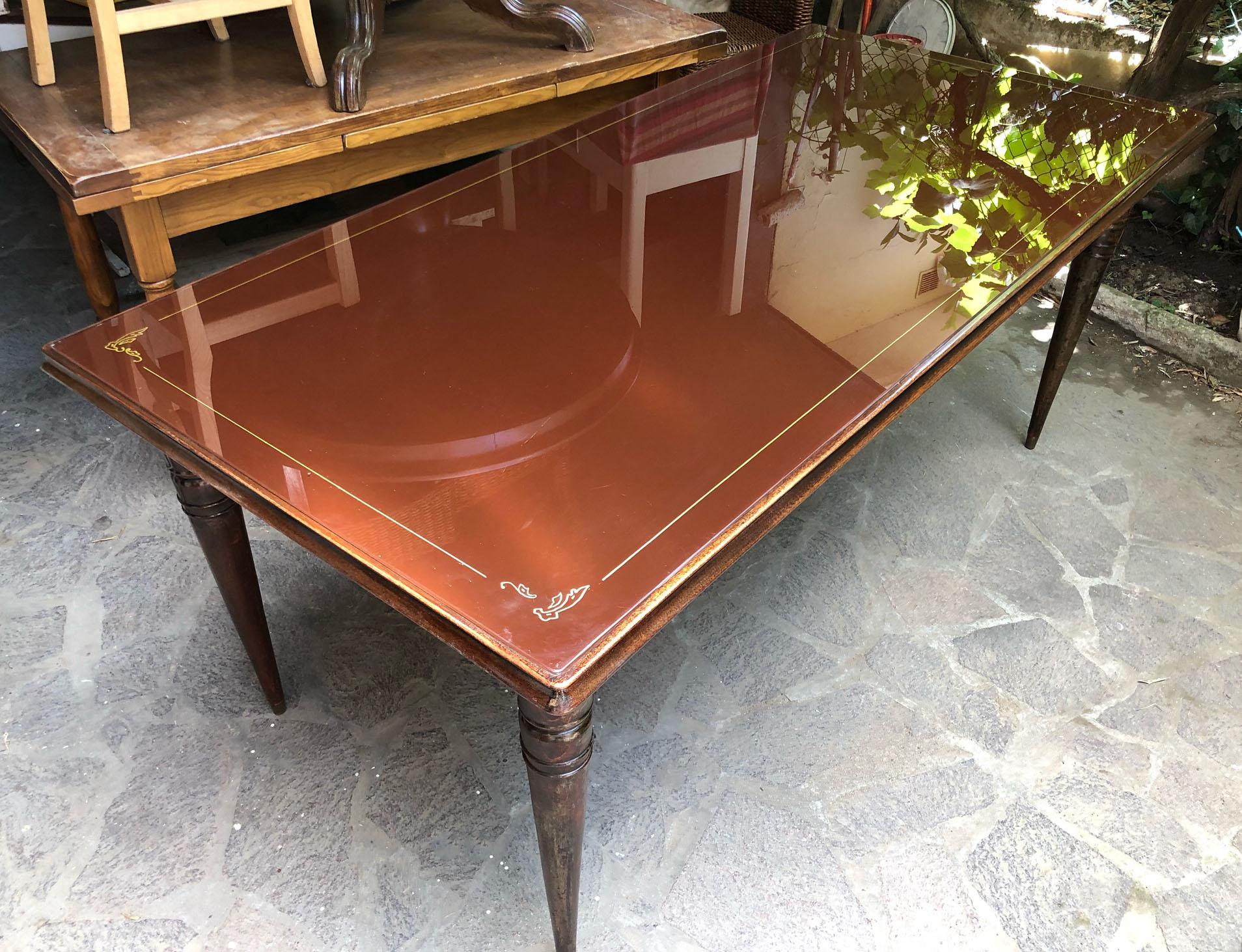 Italian Table from 1960, Original in Walnut, with Turned Leg, Brown Glass Top For Sale 3