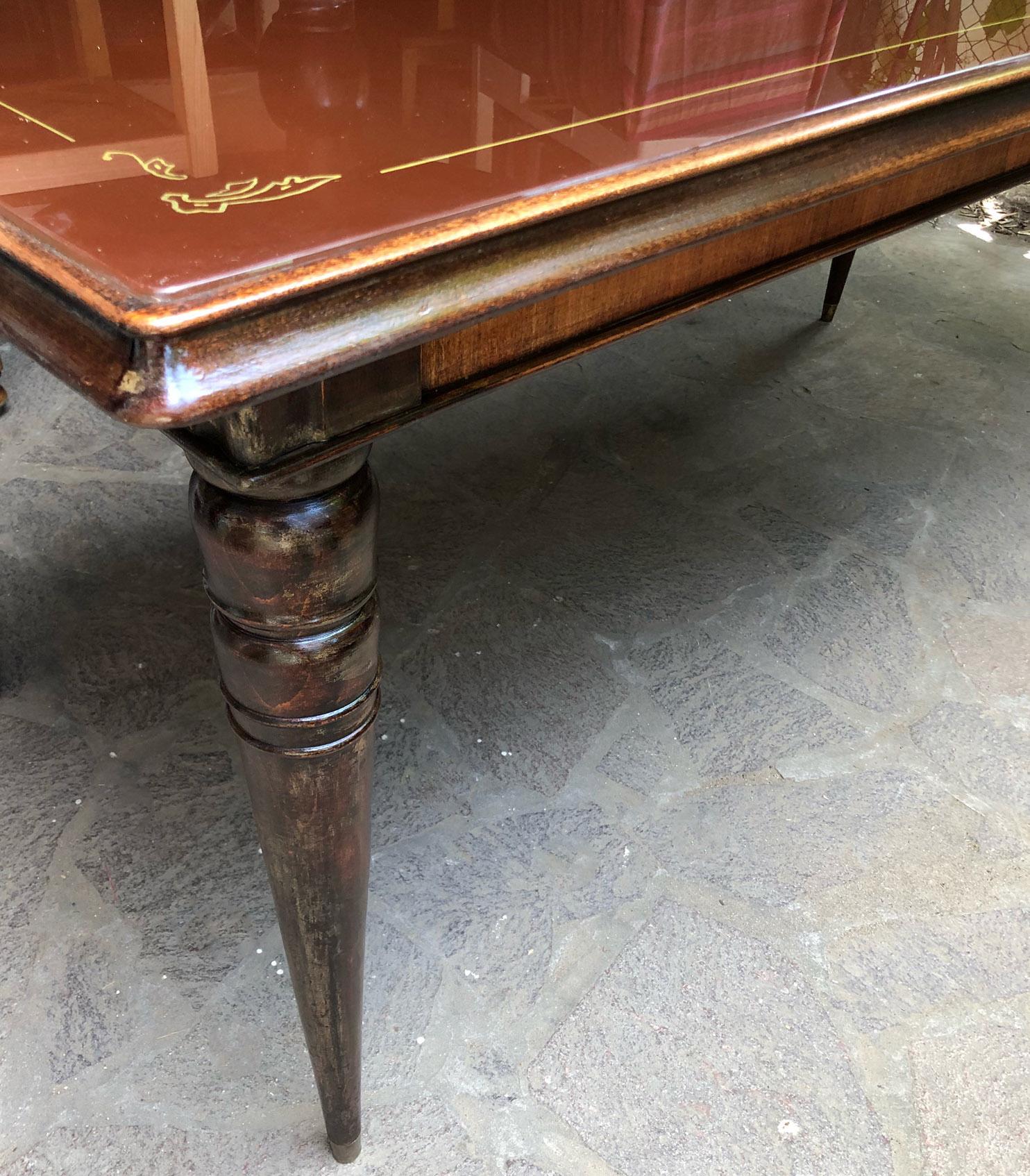 Italian Table from 1960, Original in Walnut, with Turned Leg, Brown Glass Top For Sale 4