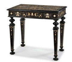 Italian Table in Ebonized Wood and Engraved Inlays 19th Century