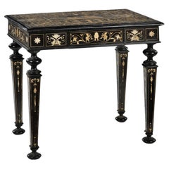 Italian Table in Ebonized Wood and Engraved Inlays 19th Century