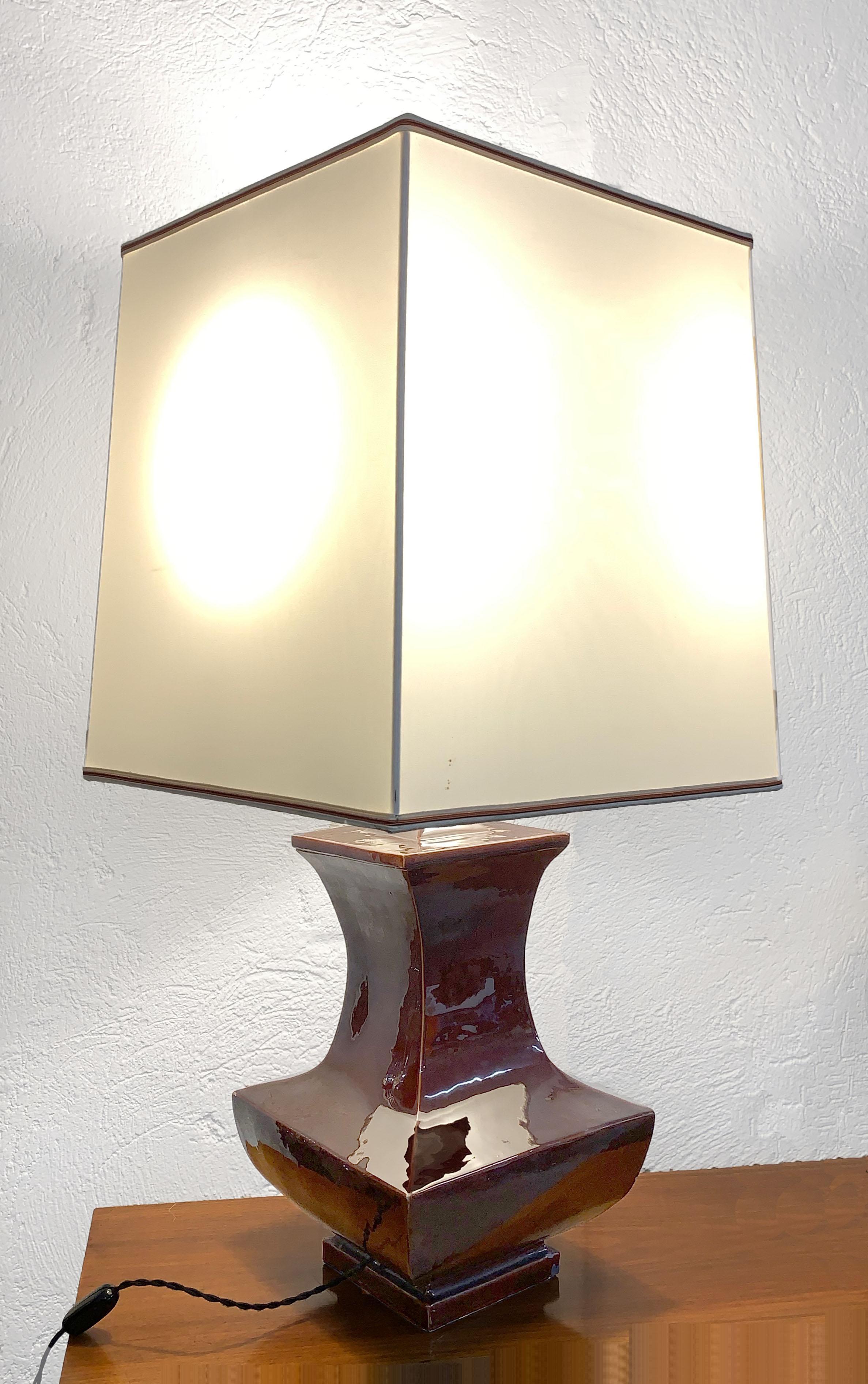 Mid-Century Modern Italian Table Lamp Brown Ceramic Glazed, Italy, 1970s Tommaso Barbi Style