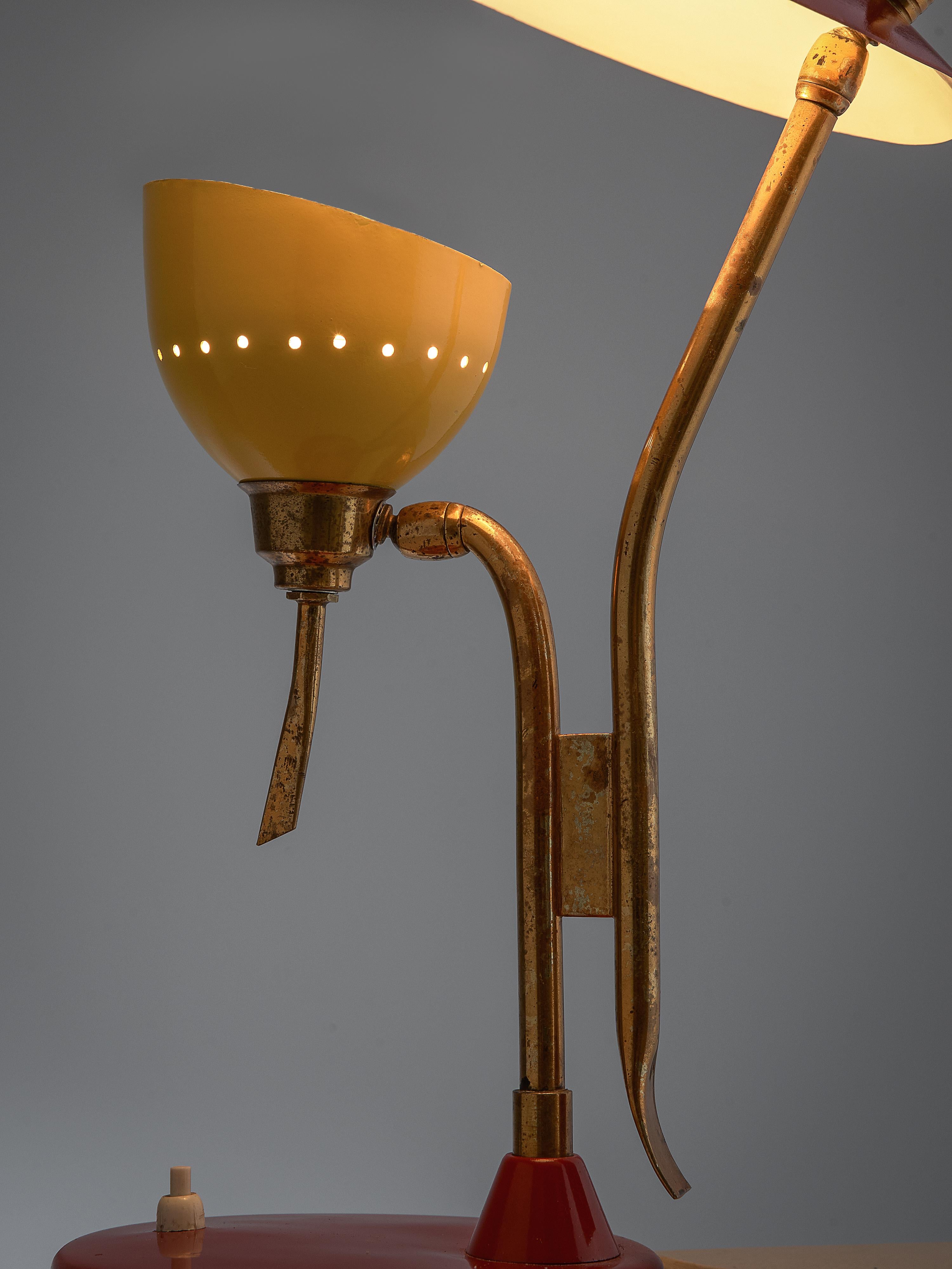 Mid-Century Modern Italian Table Lamp by Lumen in Brass and Red and Yellow Lacquered Metal