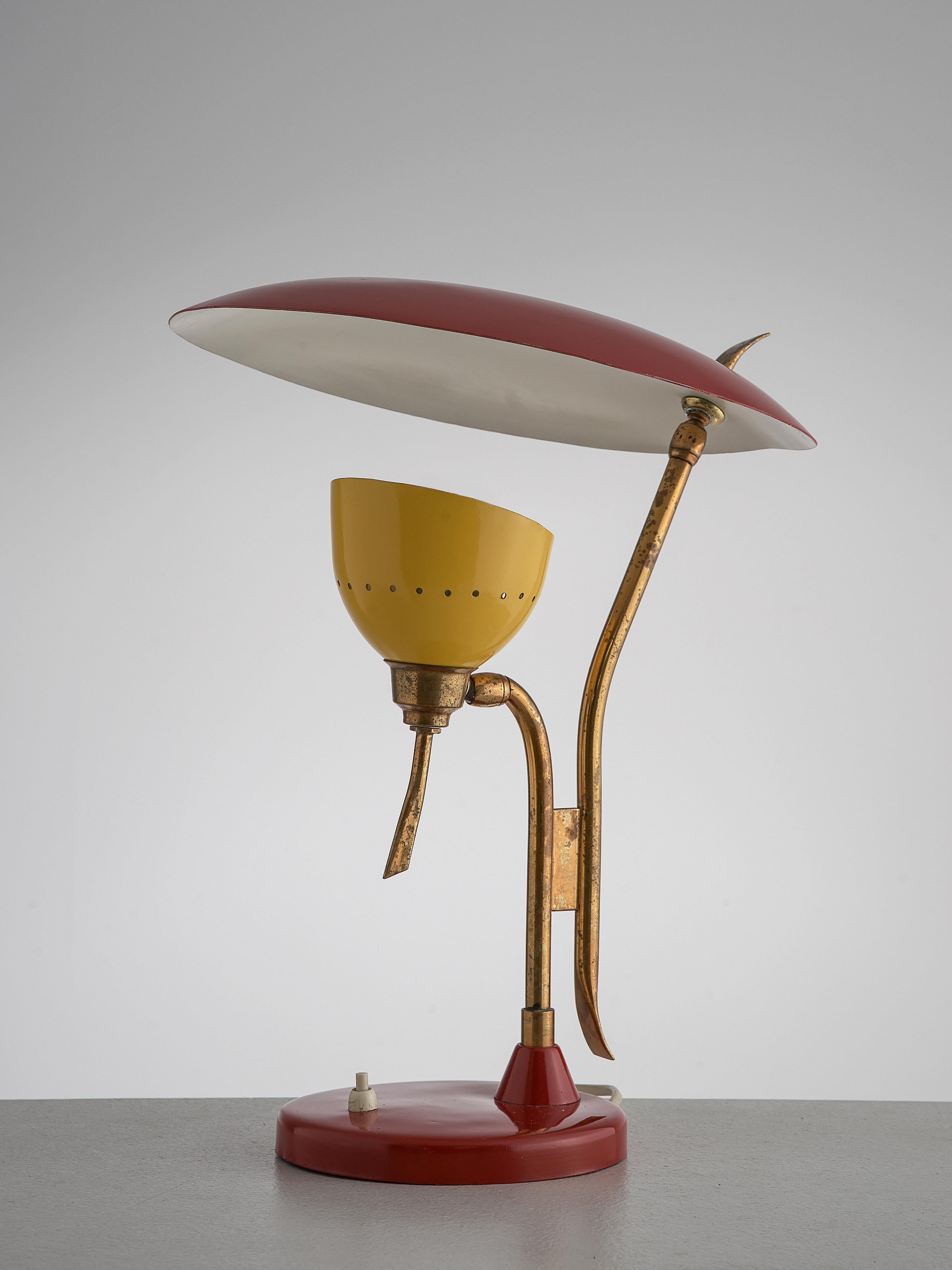 Mid-20th Century Italian Table Lamp by Lumen in Brass and Red and Yellow Lacquered Metal