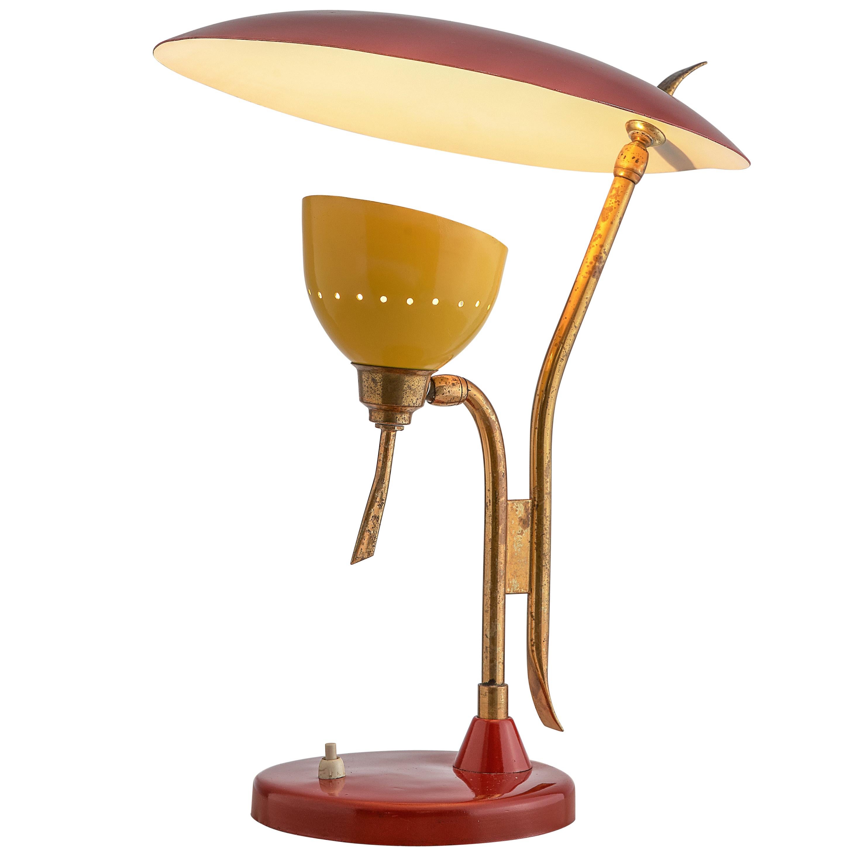 Italian Table Lamp by Lumen in Brass and Red and Yellow Lacquered Metal