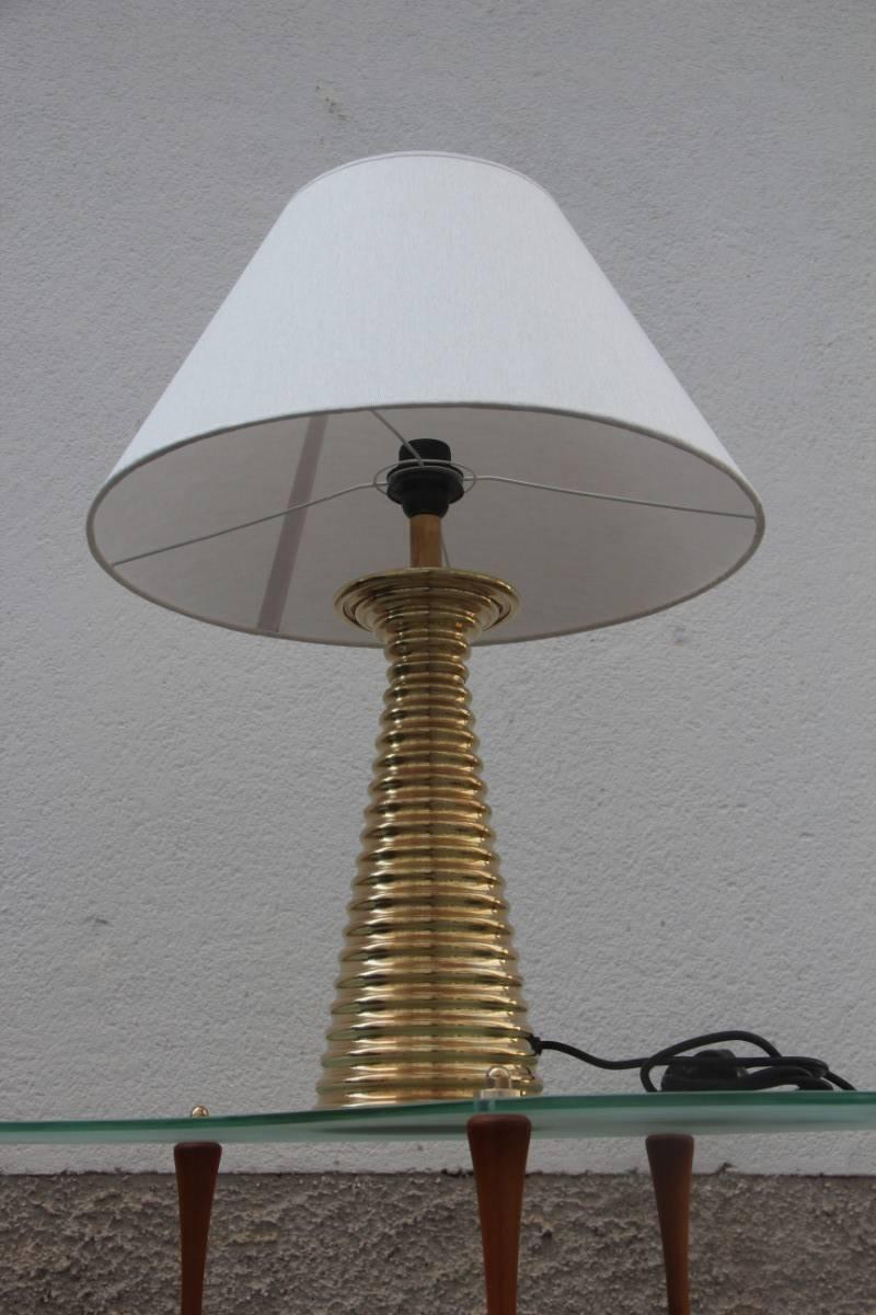 Mid-Century Modern Italian Table Lamp in 1970s Brass sculpture Fabric dome.