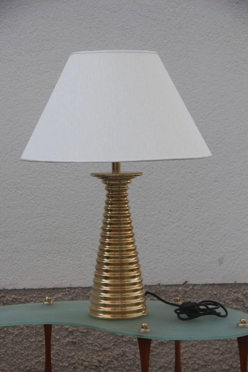 Late 20th Century Italian Table Lamp in 1970s Brass sculpture Fabric dome.