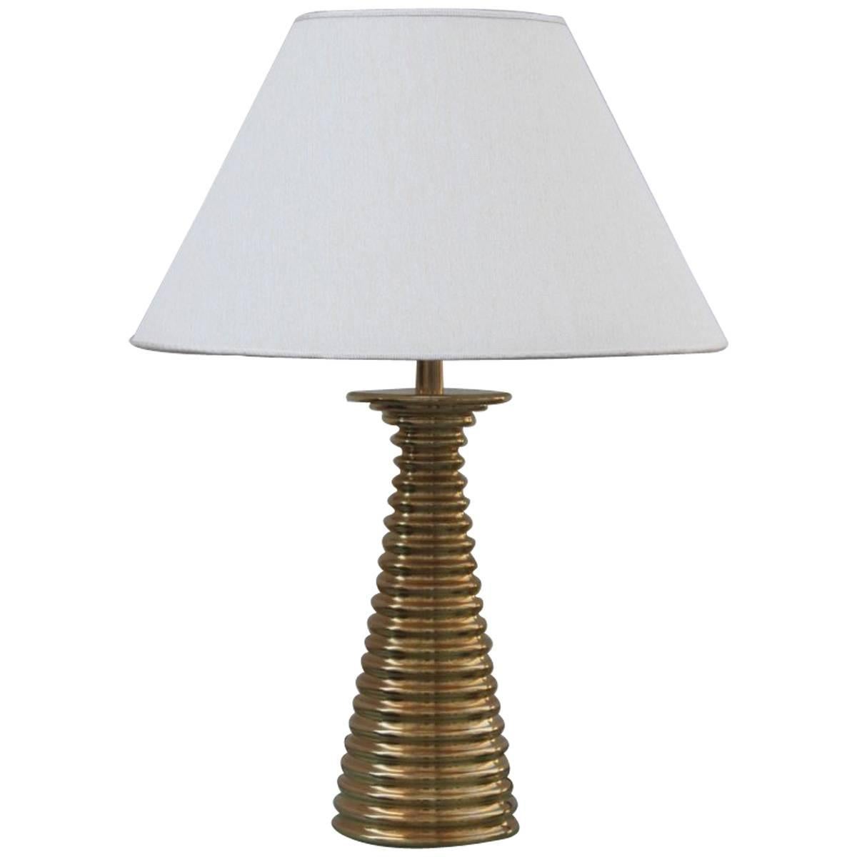 Italian Table Lamp in 1970s Brass sculpture Fabric dome.