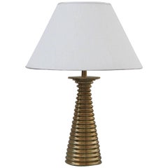Italian Table Lamp in 1970s Brass sculpture Fabric dome.