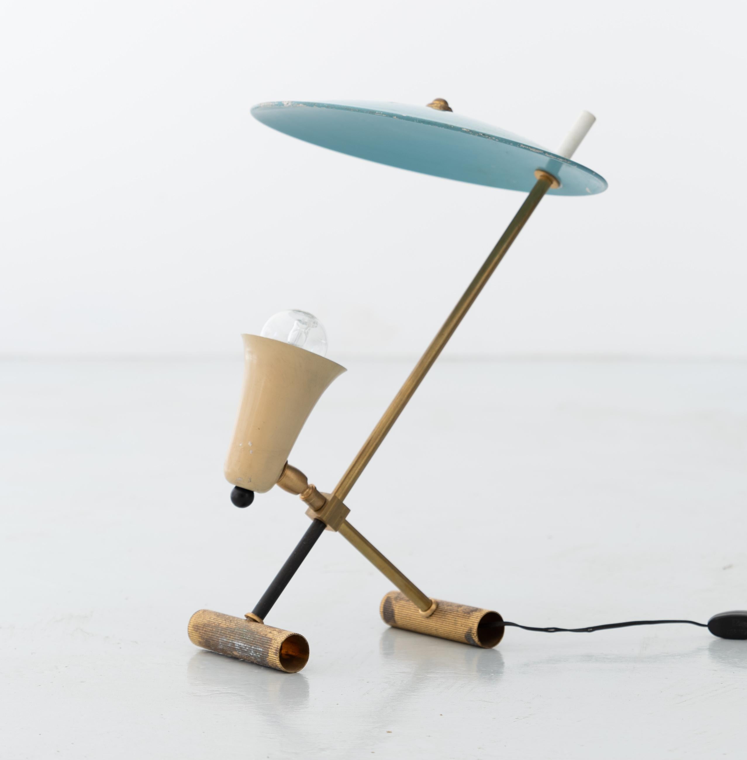 Italian Table Lamp in Brass with Light Blue Shade, Italy, 1950s  In Good Condition In Rome, IT