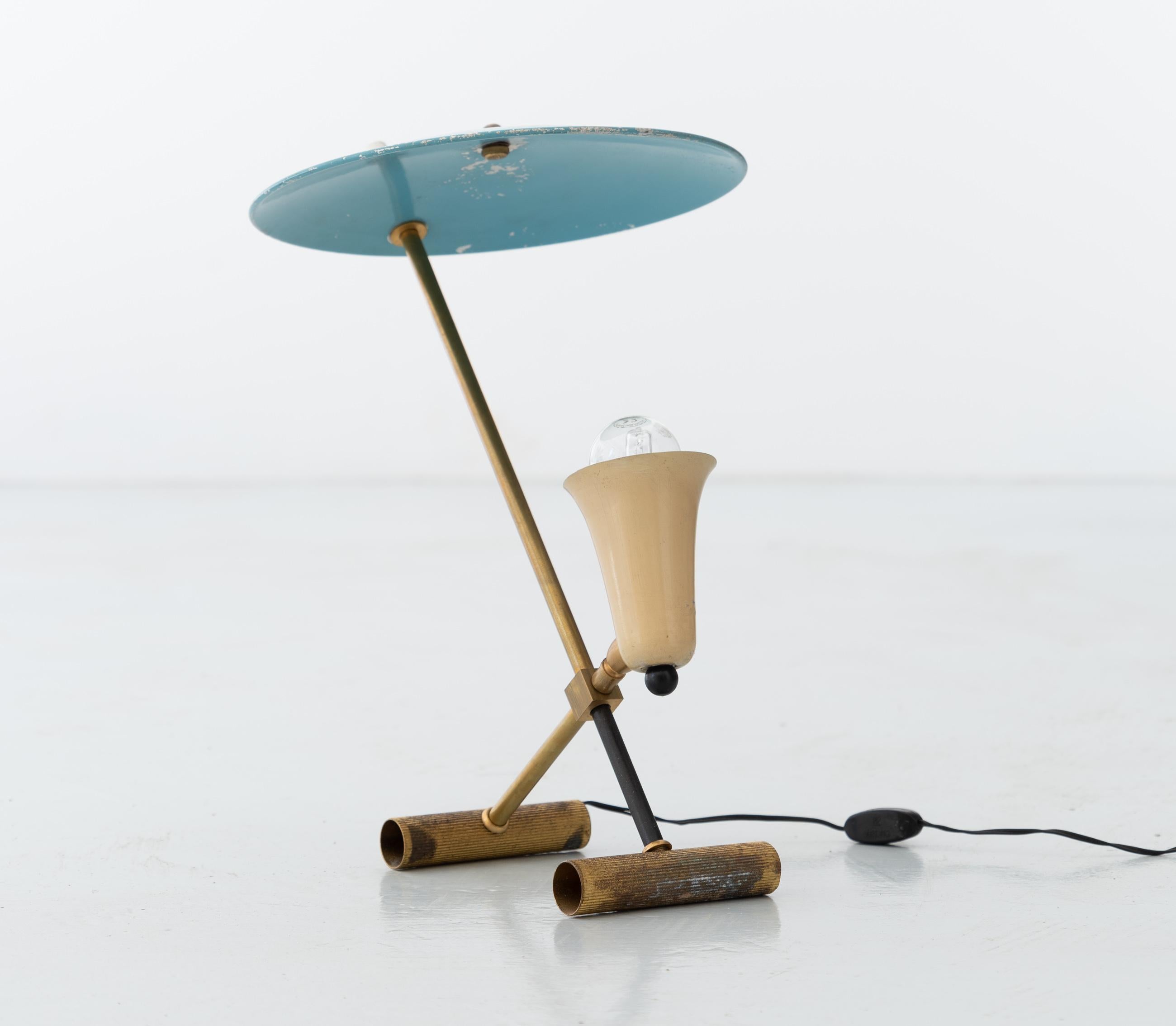 Mid-20th Century Italian Table Lamp in Brass with Light Blue Shade, Italy, 1950s 