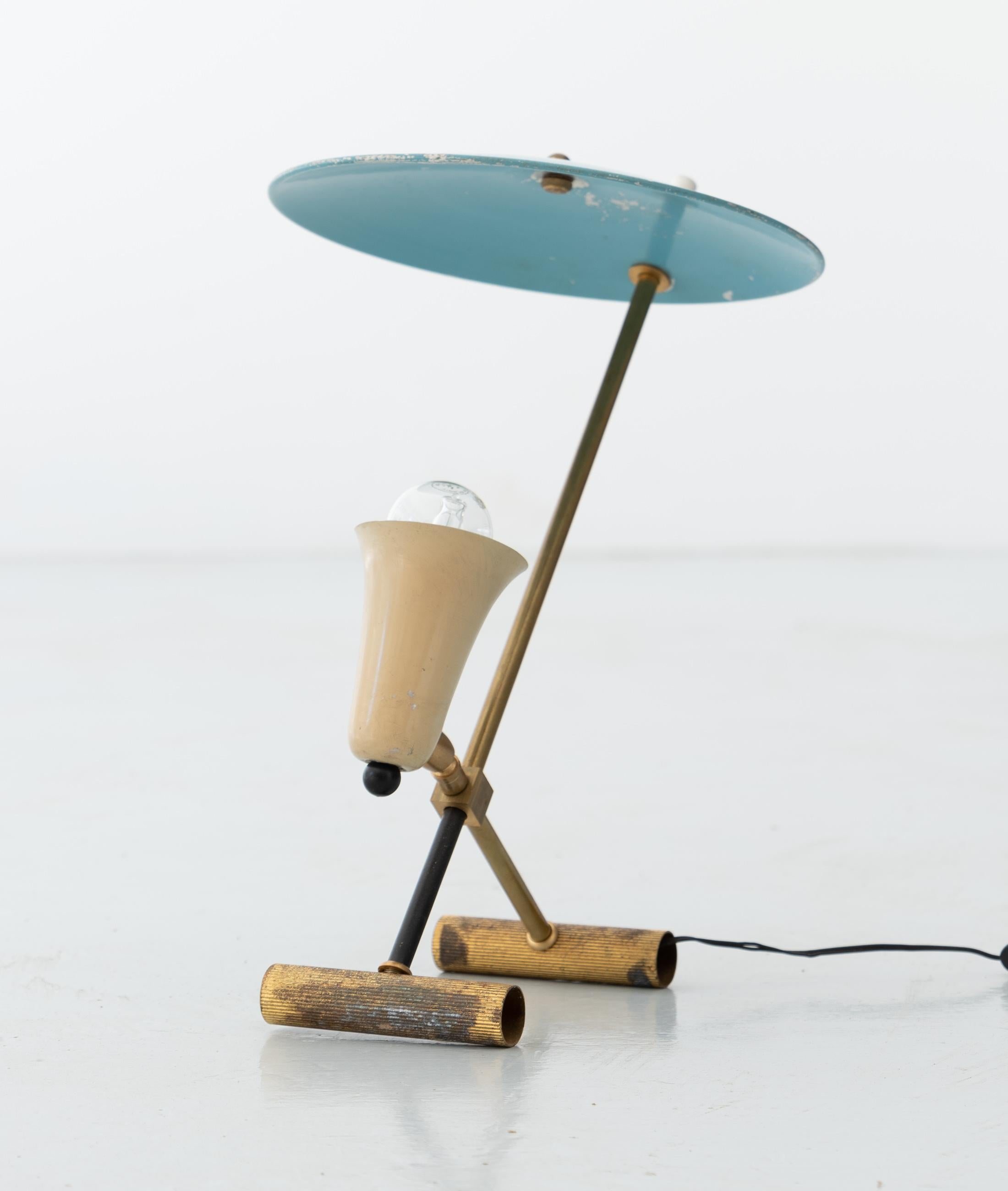 Metal Italian Table Lamp in Brass with Light Blue Shade, Italy, 1950s 