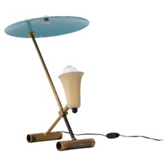 Italian Table Lamp in Brass with Light Blue Shade, Italy, 1950s 