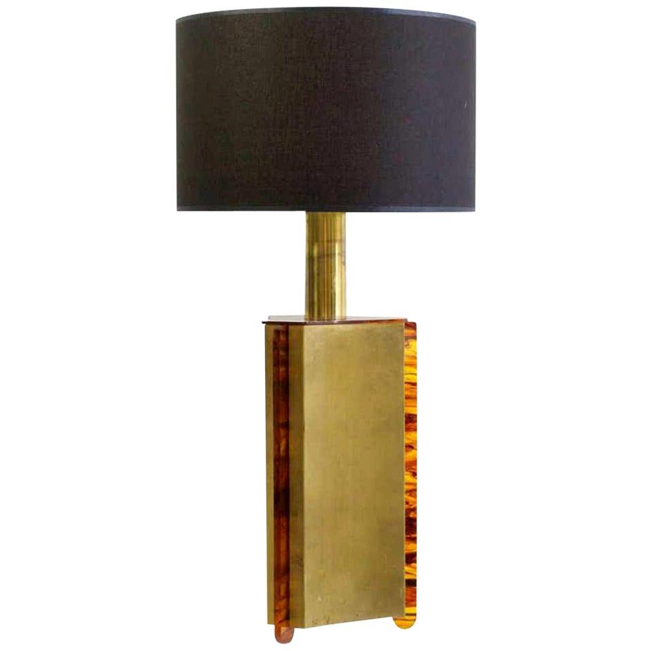 Italian Table Lamp in Faux Tortoise and Brass, 1970s For Sale