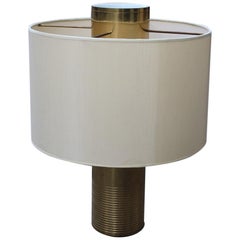Italian Table Lamp Round Brass 1970s Solid Brass Fabric Dome Minimalist
