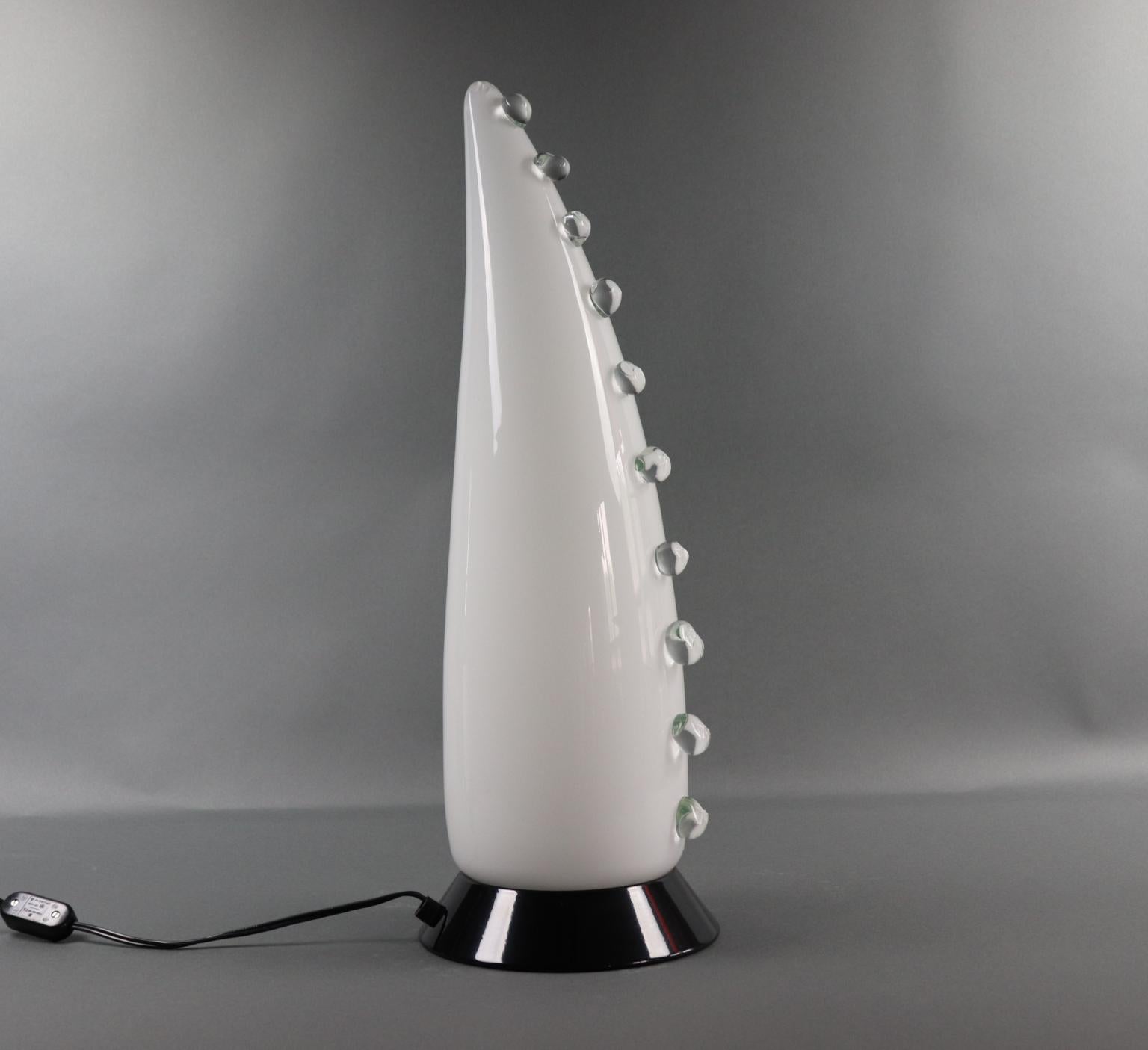 Mid-Century Modern Italian Table Lamp White Murano Hand Blown Glass with Crystal Details For Sale