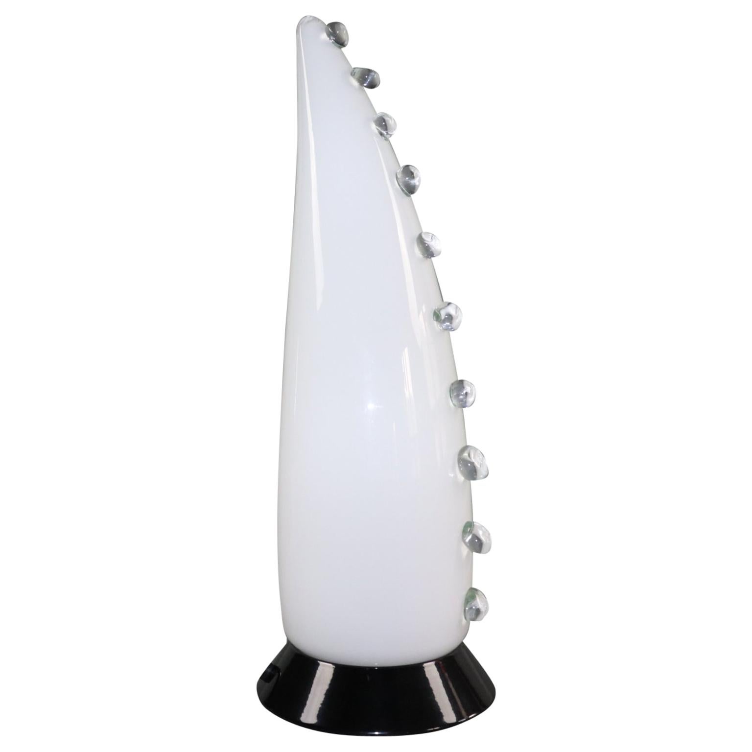 Italian Table Lamp White Murano Hand Blown Glass with Crystal Details For Sale