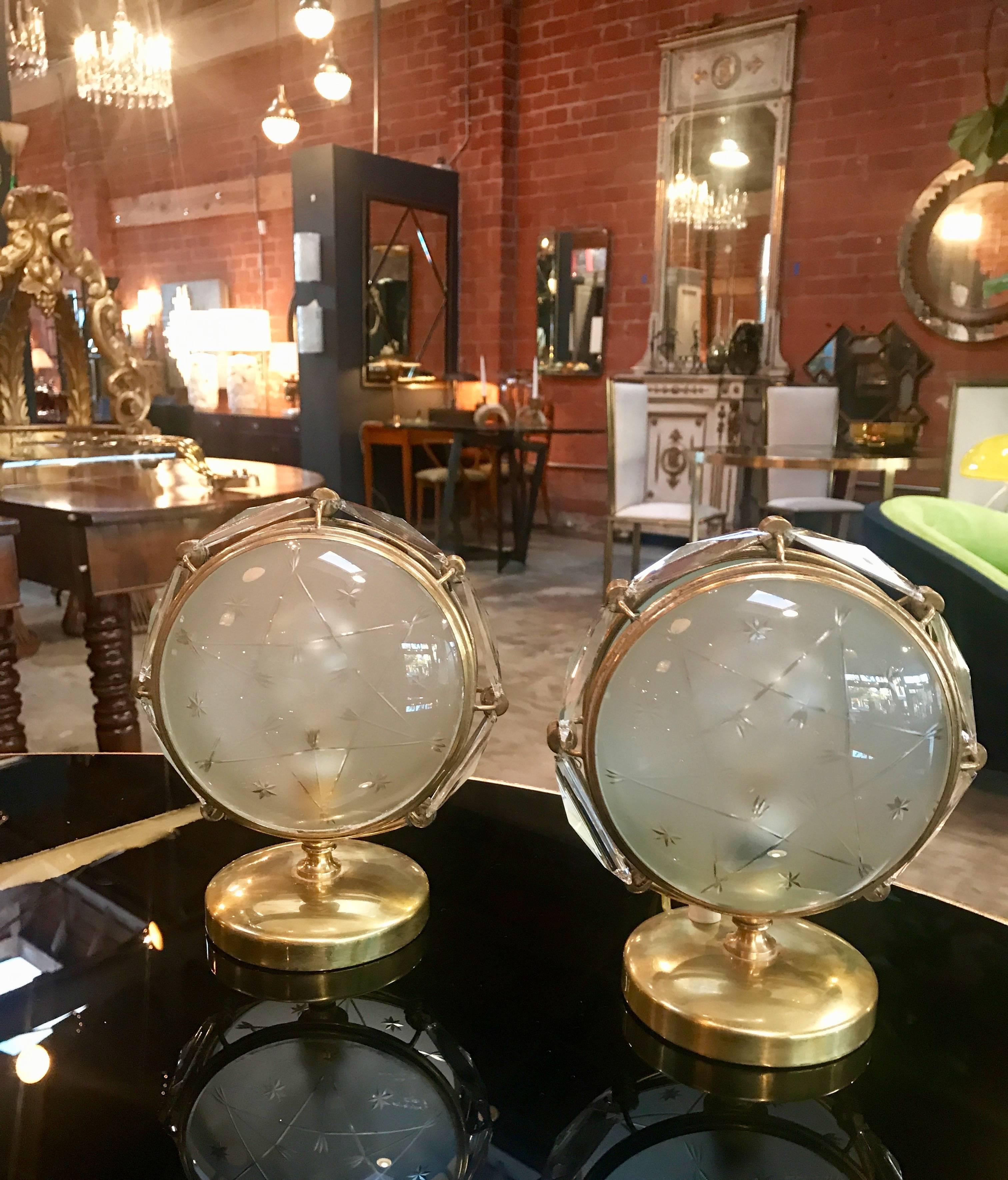 Pair of Italian table lamps in brass and worked glass.