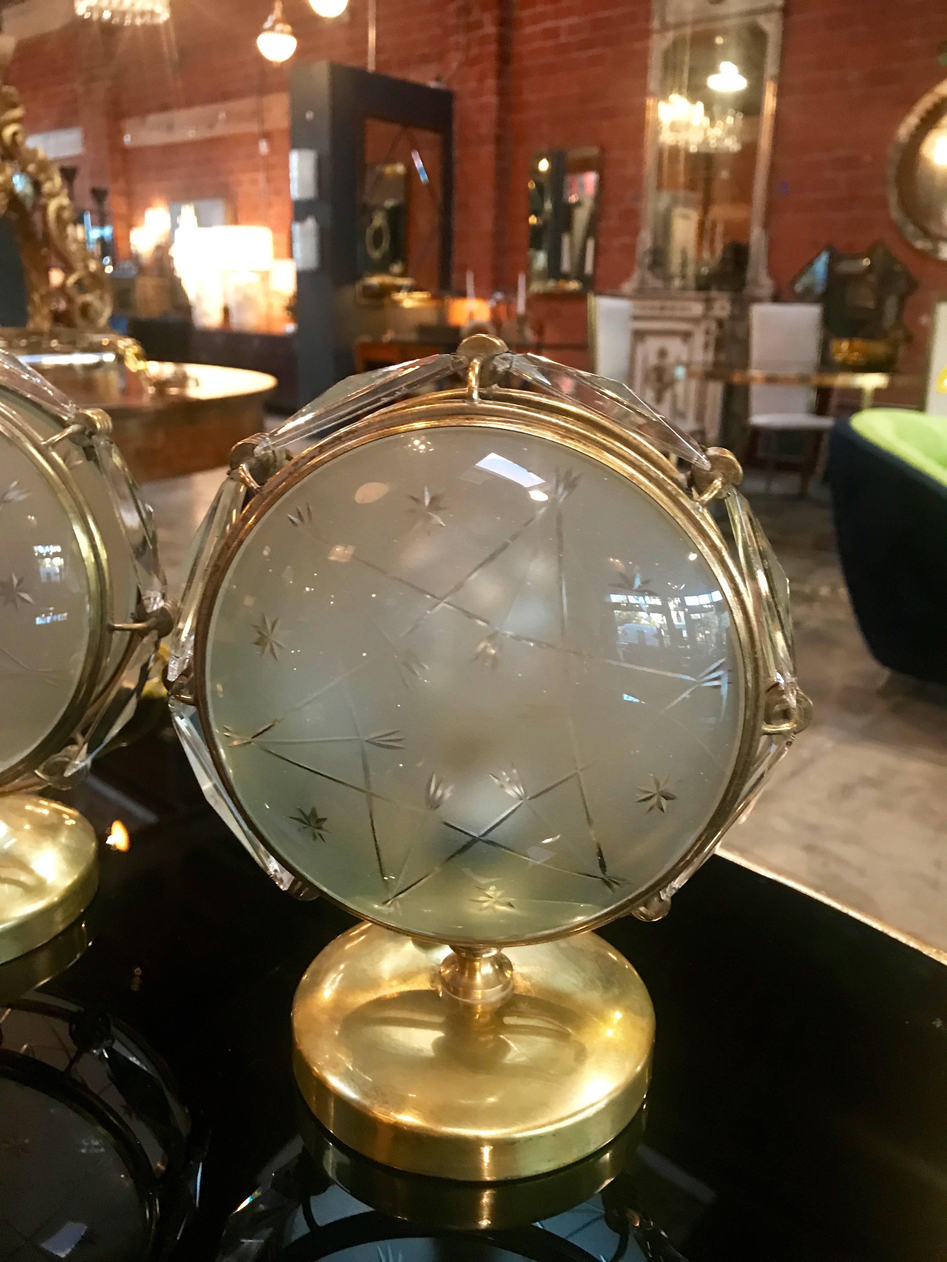 Italian Table Lamps in Brass and Worked Glass In Excellent Condition In Los Angeles, CA