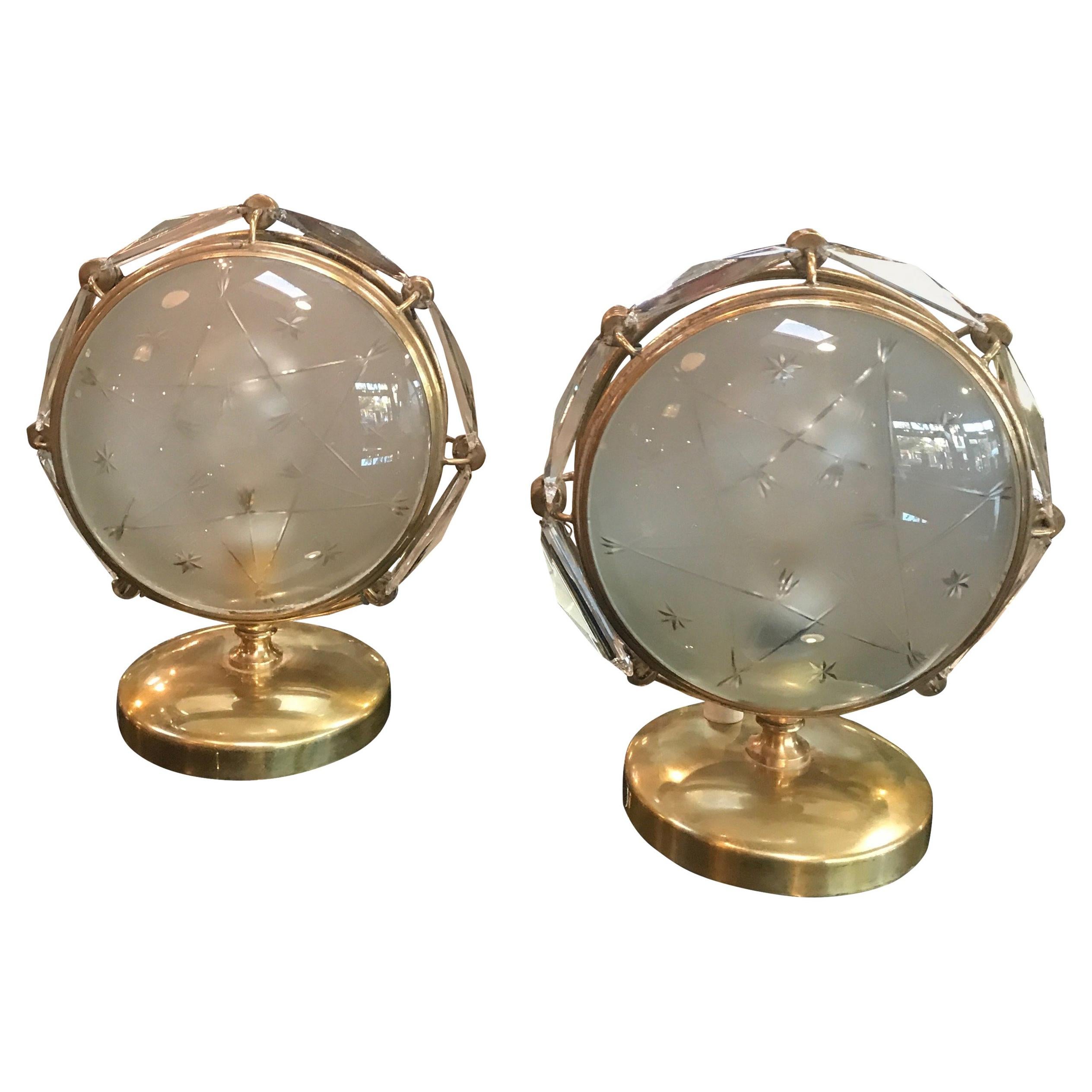 Italian Table Lamps in Brass and Worked Glass