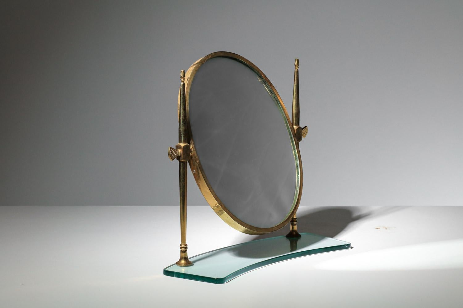 Mid-Century Modern Italian table mirror brass and glass slab  For Sale