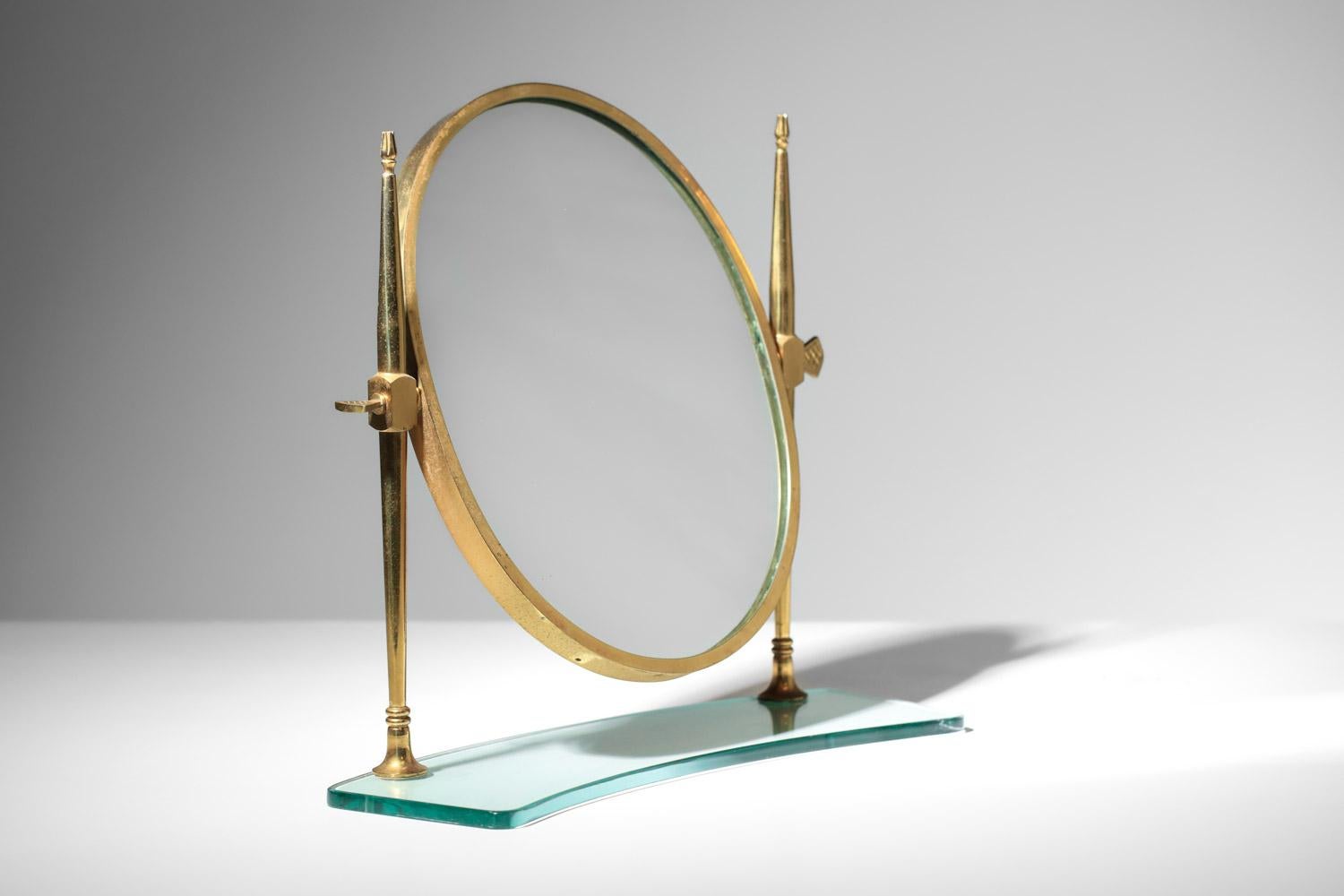 Italian table mirror brass and glass slab  In Good Condition For Sale In Lyon, FR