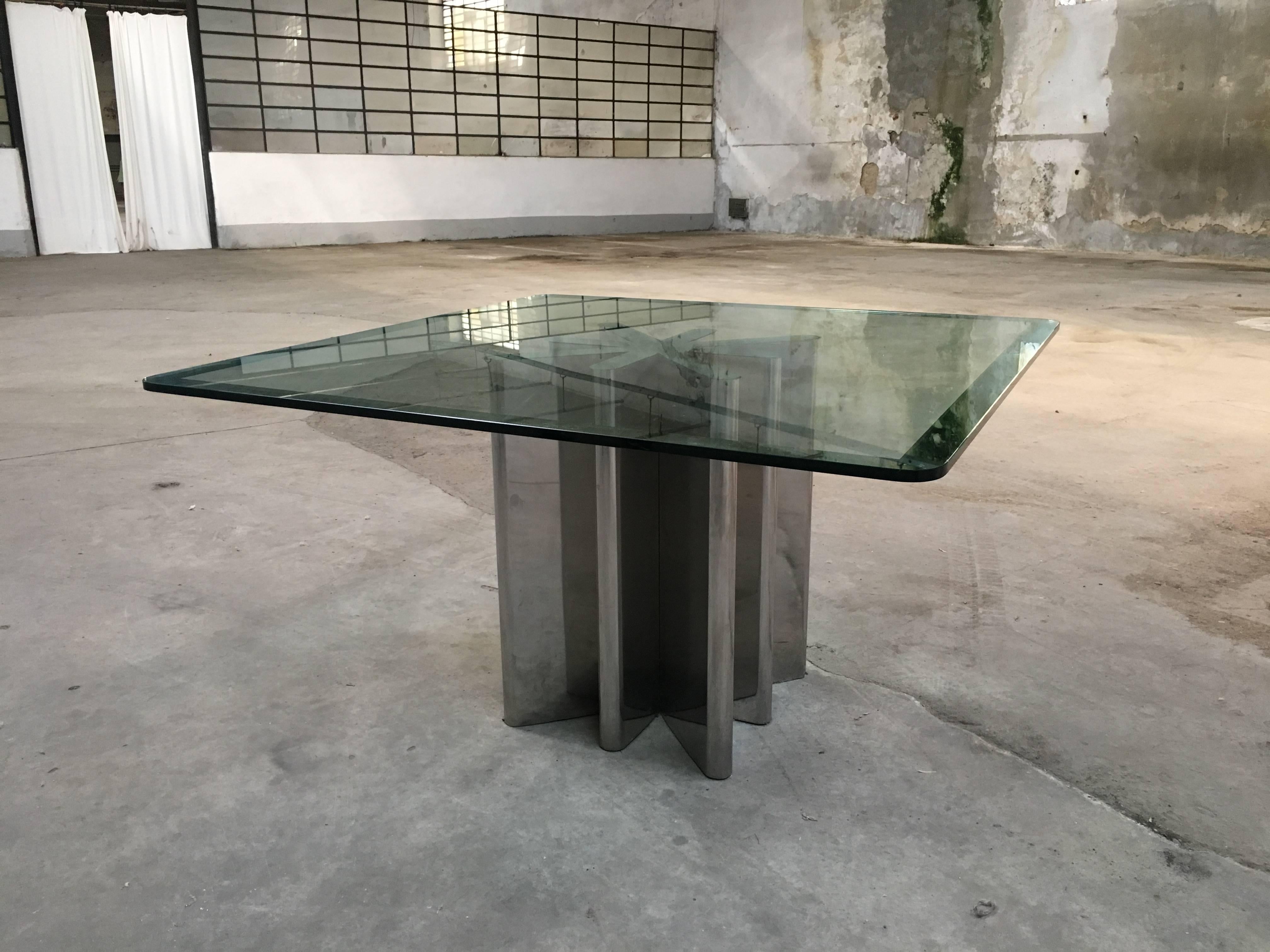 Italian Table with Chrome Base and Silver Framed Glass Top from 1970s In Good Condition In Prato, IT