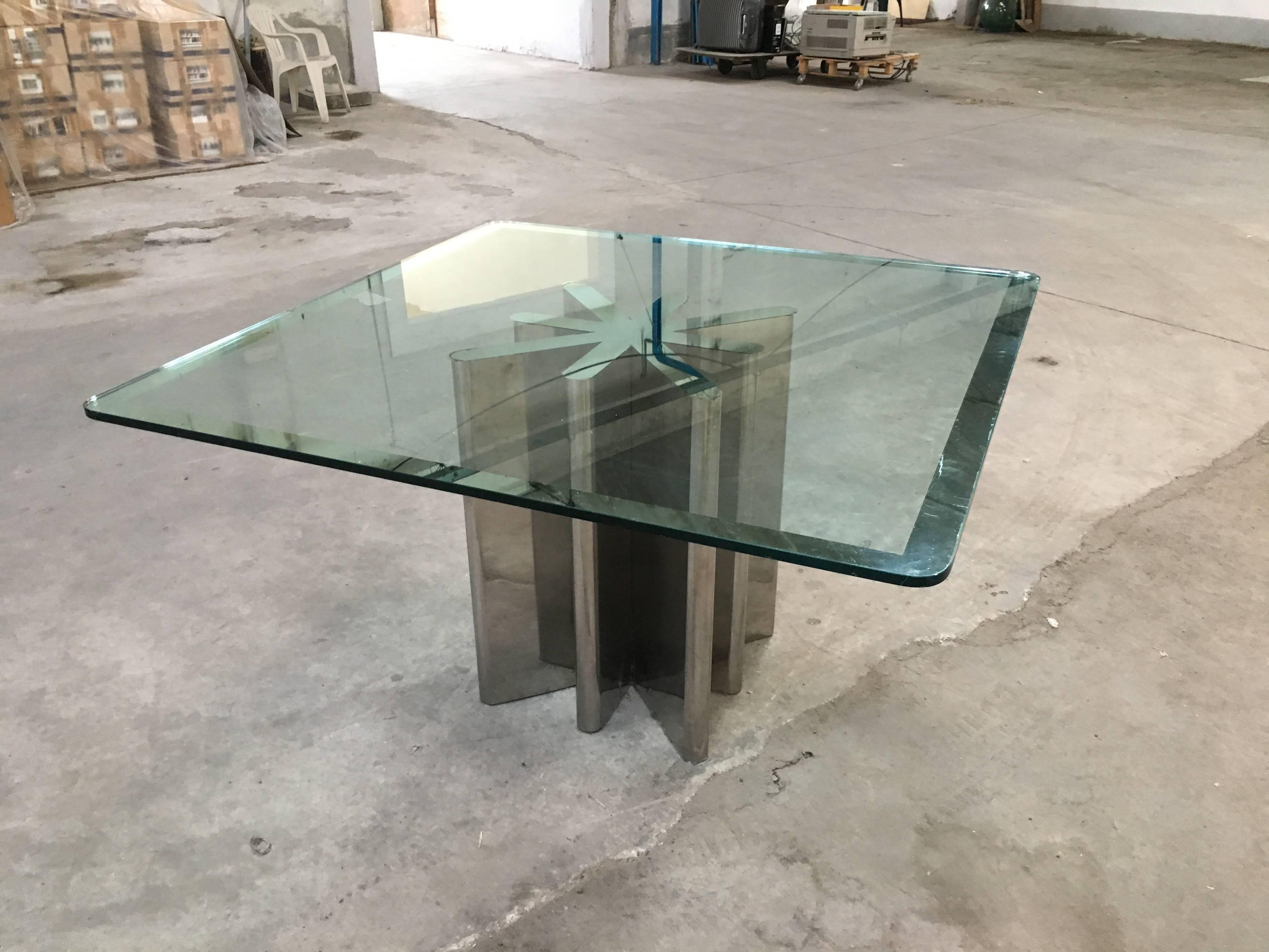 Italian Table with Chrome Base and Silver Framed Glass Top from 1970s 1