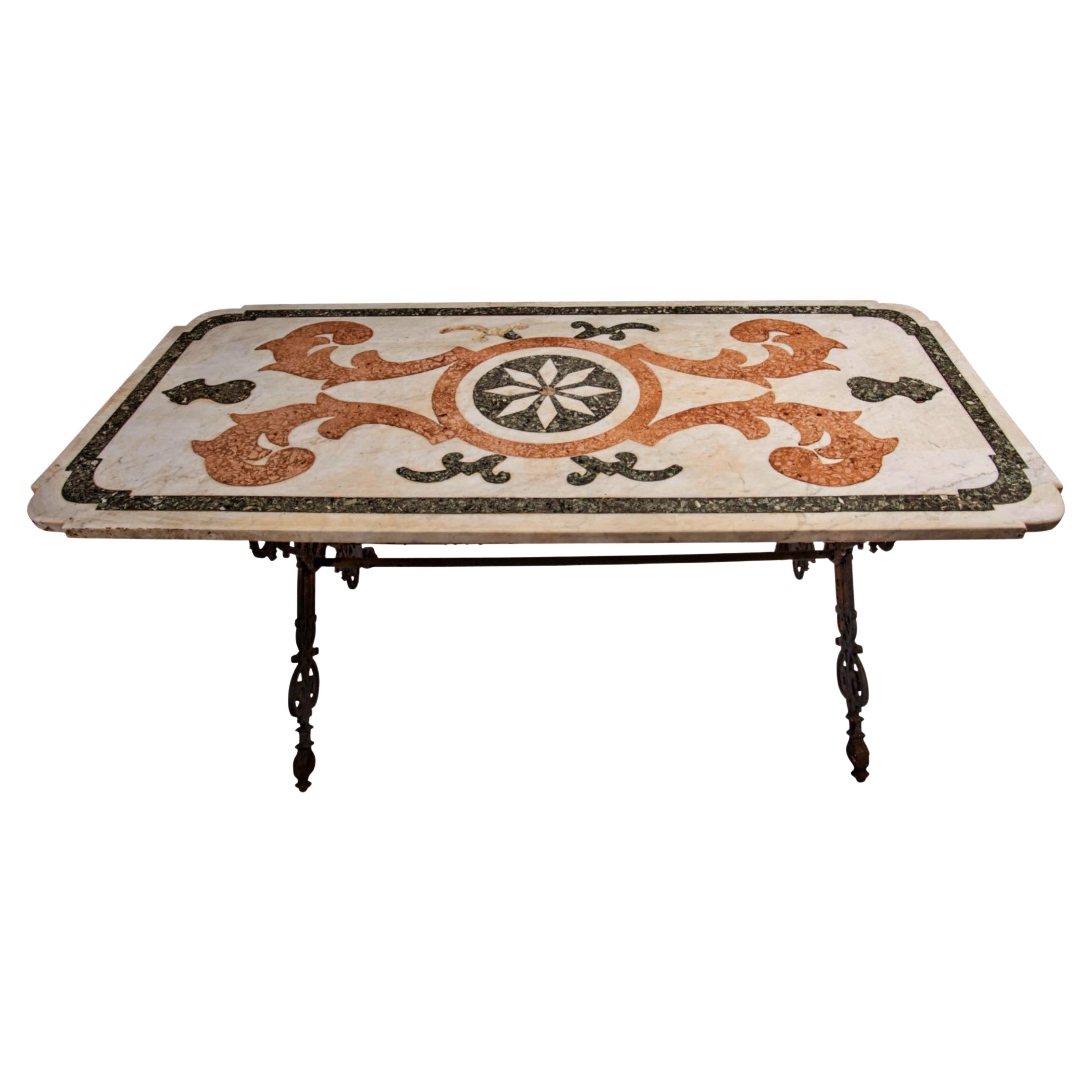 Italian Table with Inlaid Marble Top Feet in Cast Iron Italy, Late 19th Century