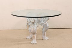 Italian Table with Lion Pedestal Carved Base & Thick Round Glass Top