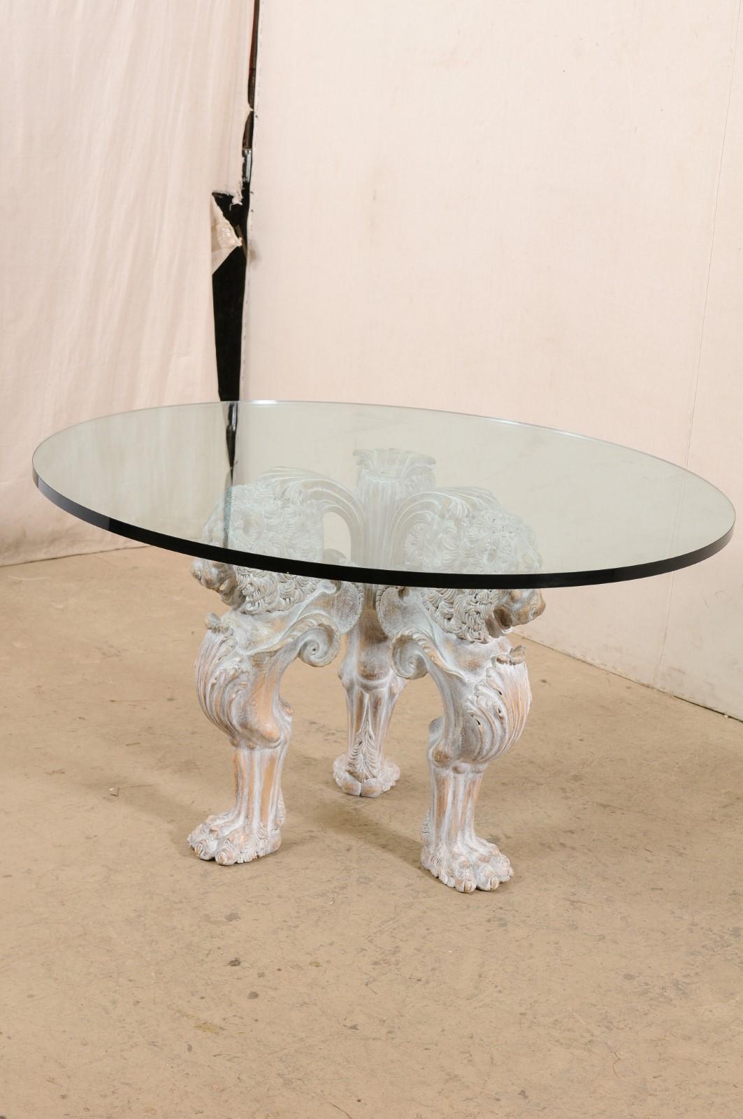 Italian Table with Lion Pedestal Carved Base & Thick Round Glass Top In Good Condition For Sale In Atlanta, GA