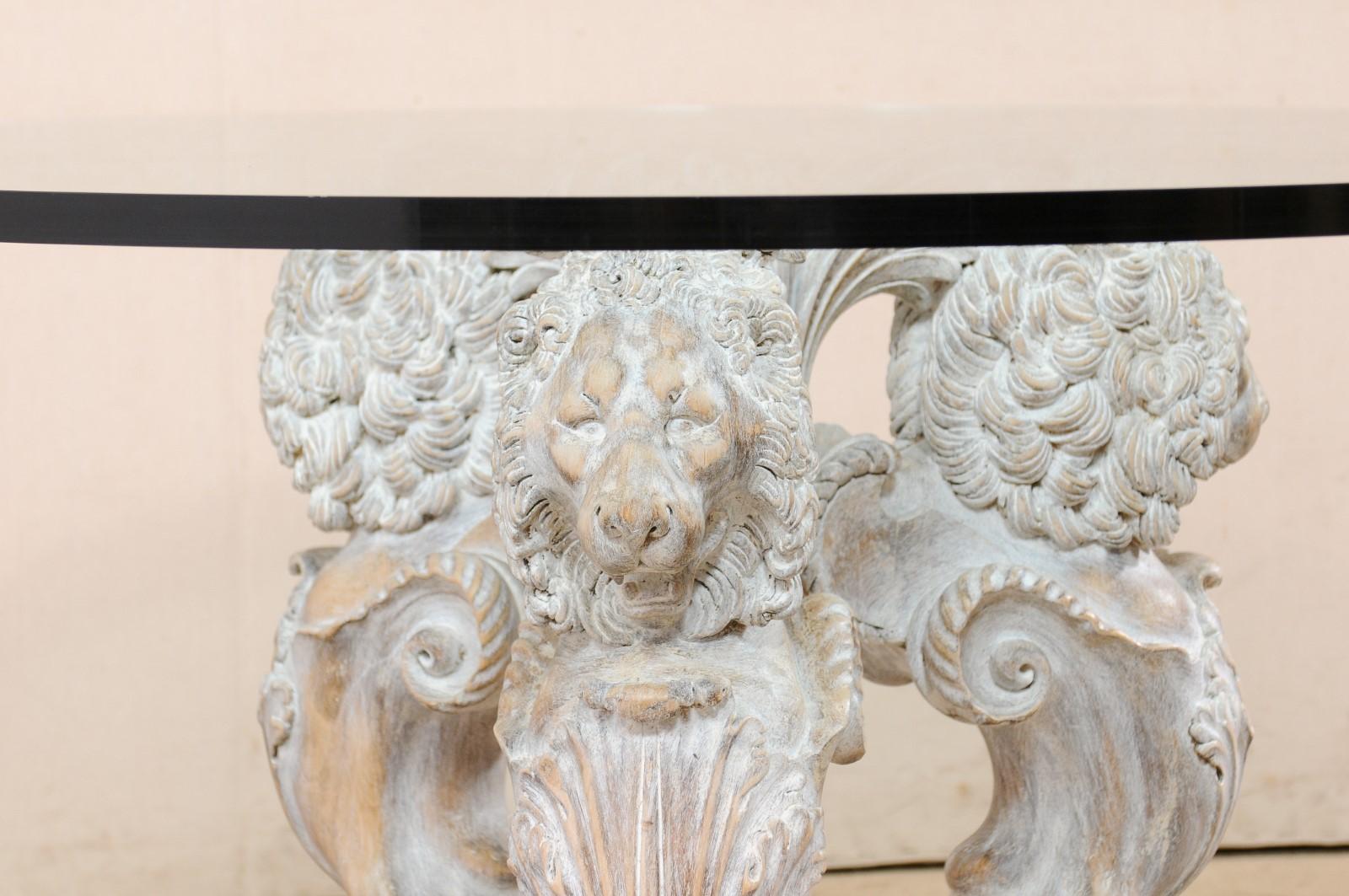 20th Century Italian Table with Lion Pedestal Carved Base & Thick Round Glass Top For Sale
