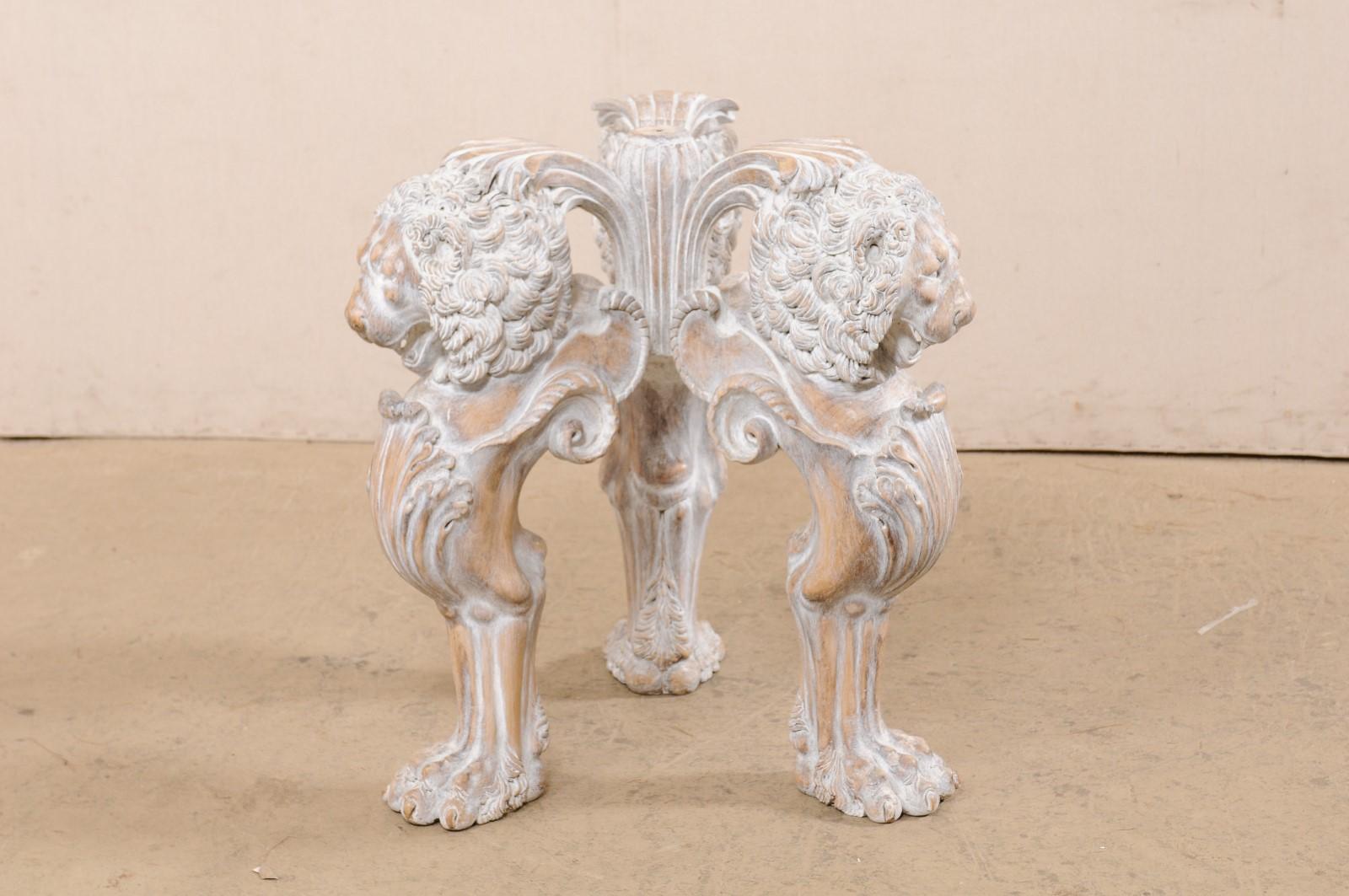 Italian Table with Lion Pedestal Carved Base & Thick Round Glass Top For Sale 3