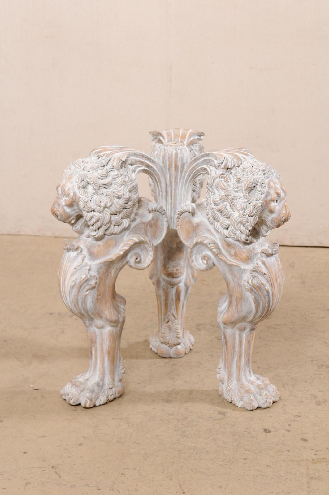Italian Table with Lion Pedestal Carved Base & Thick Round Glass Top For Sale 4