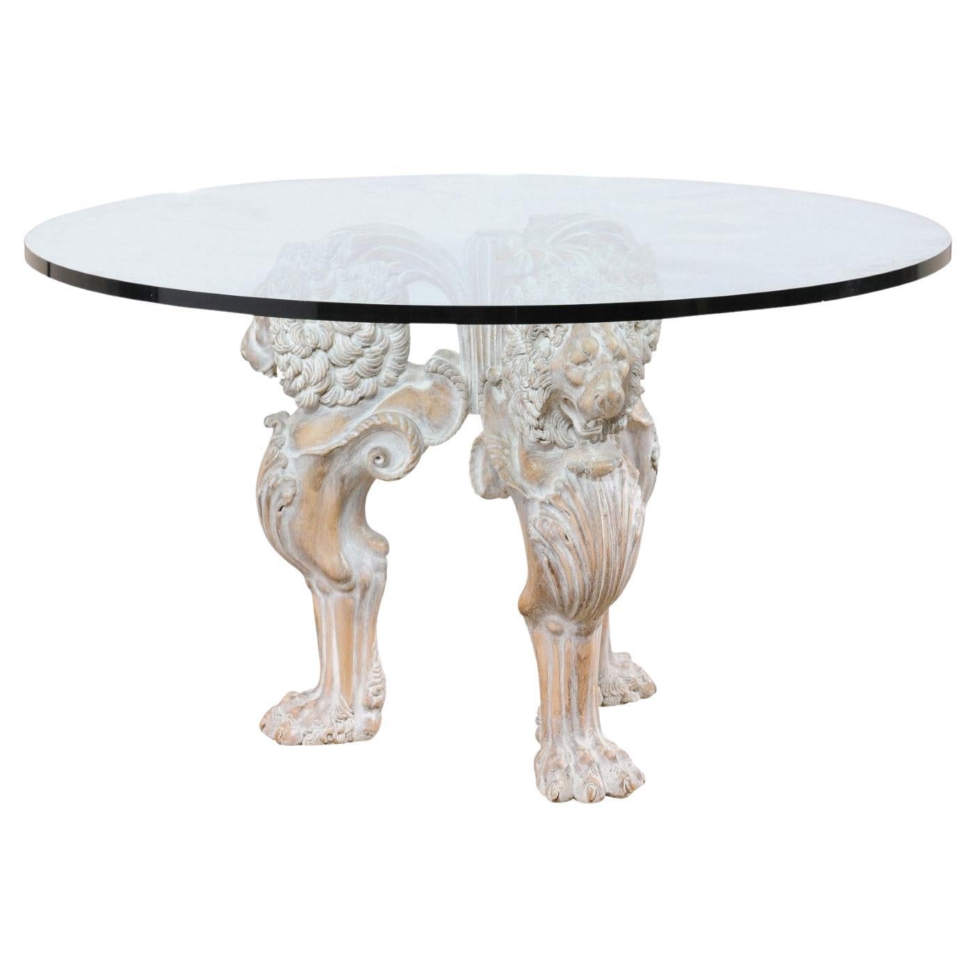 Italian Table with Lion Pedestal Carved Base & Thick Round Glass Top