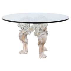 Italian Table with Lion Pedestal Carved Base & Thick Round Glass Top