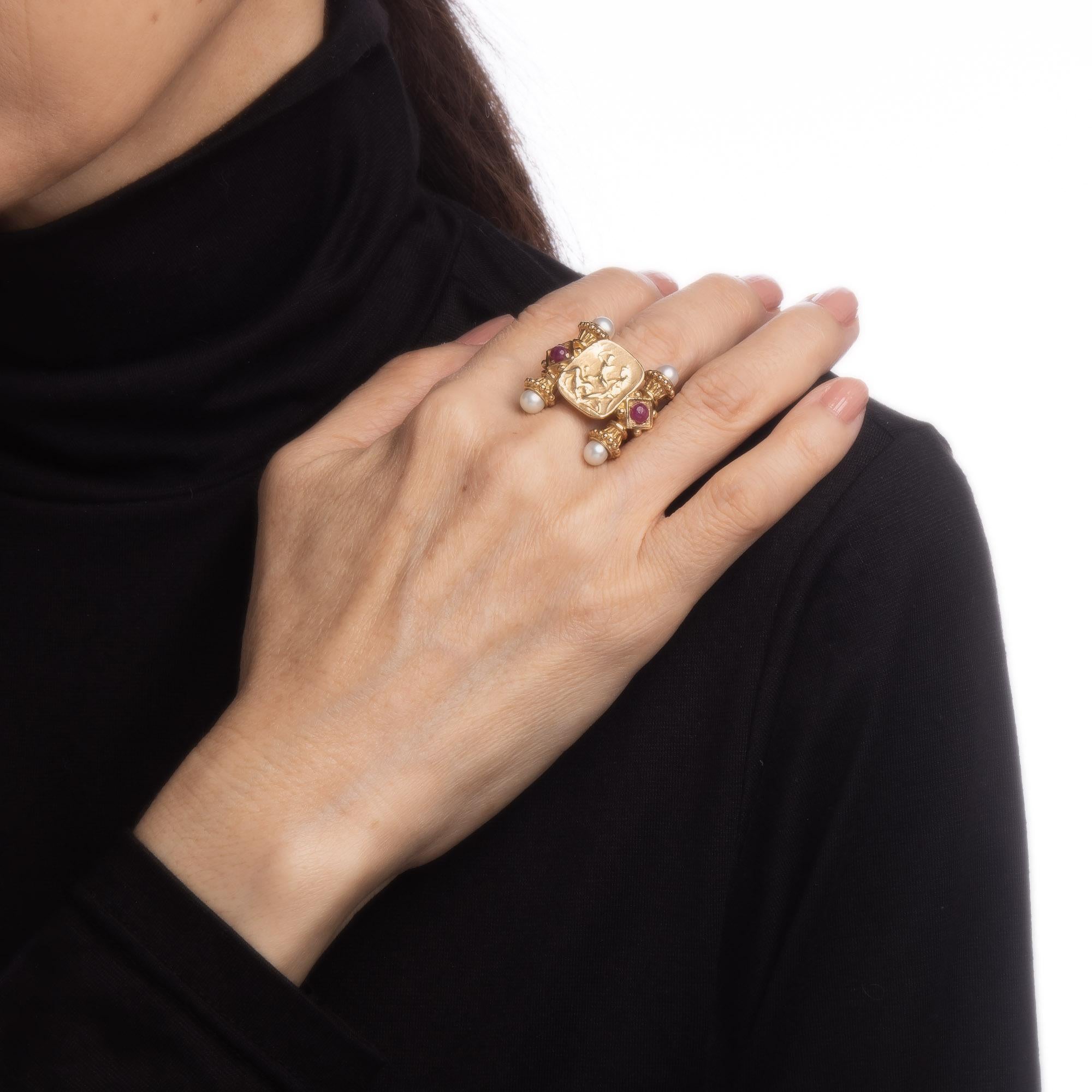 Modern Italian Tagliamonte Ring Cameo Style 14k Gold Pearl Ruby Sz 8 Estate Jewelry