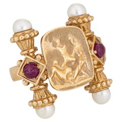 Italian Tagliamonte Ring Cameo Style 14k Gold Pearl Ruby Sz 8 Estate Jewelry