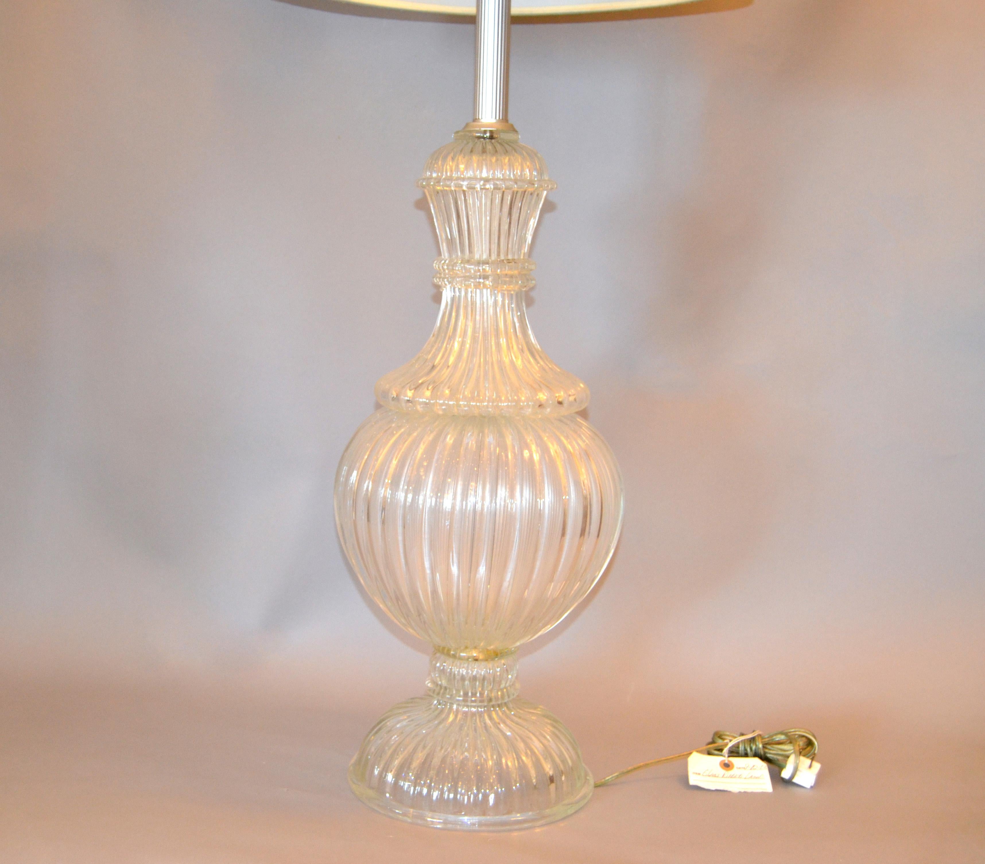 Italian tall clear hand blown feminine-shaped ribbed Murano glass table lamp.
The top has an aluminum ribbed neck.
In perfect working condition and uses a max. 60 watts light bulb.
No shade.